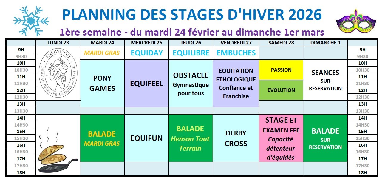 planning stages équitation vacances hiver enowood