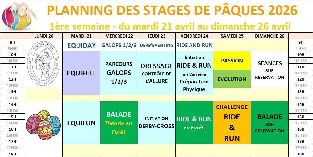 STAGES EQUITATION VACANCES PAQUES PRINTEMPS ENOWOOD 2026