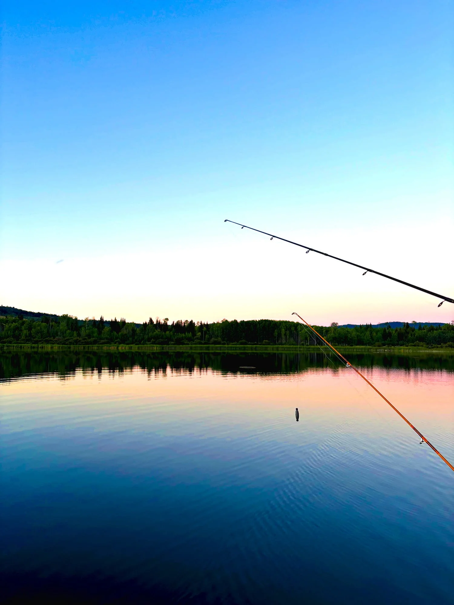 Two fishing rods extend over a calm lake at sunset, with the sky transitioning from light to dark and trees reflected in the water.