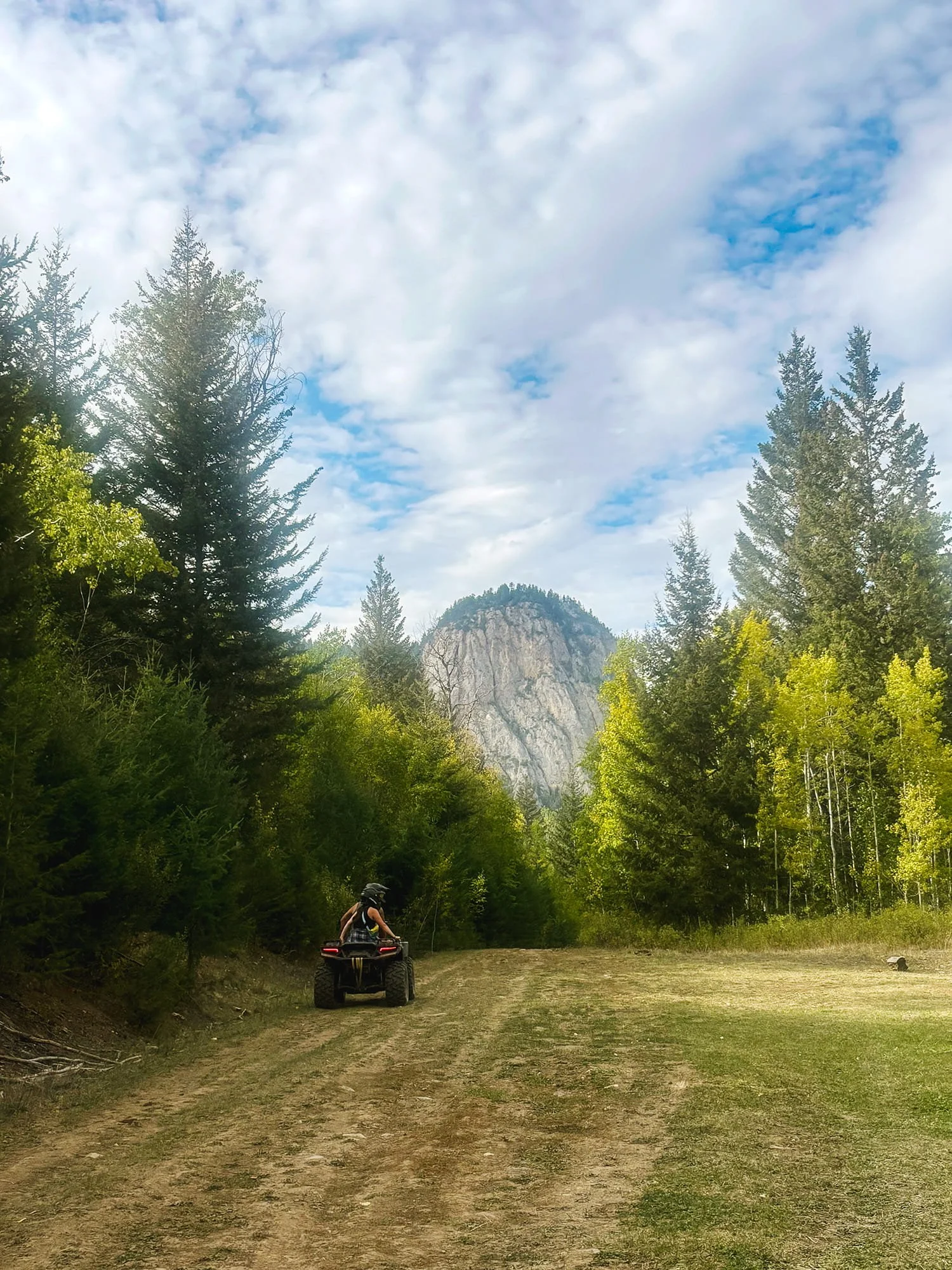 A person riding an ATV on a dirt trail in a forest, with tall evergreen trees, a large rocky mountain, and a partly cloudy sky in the background.