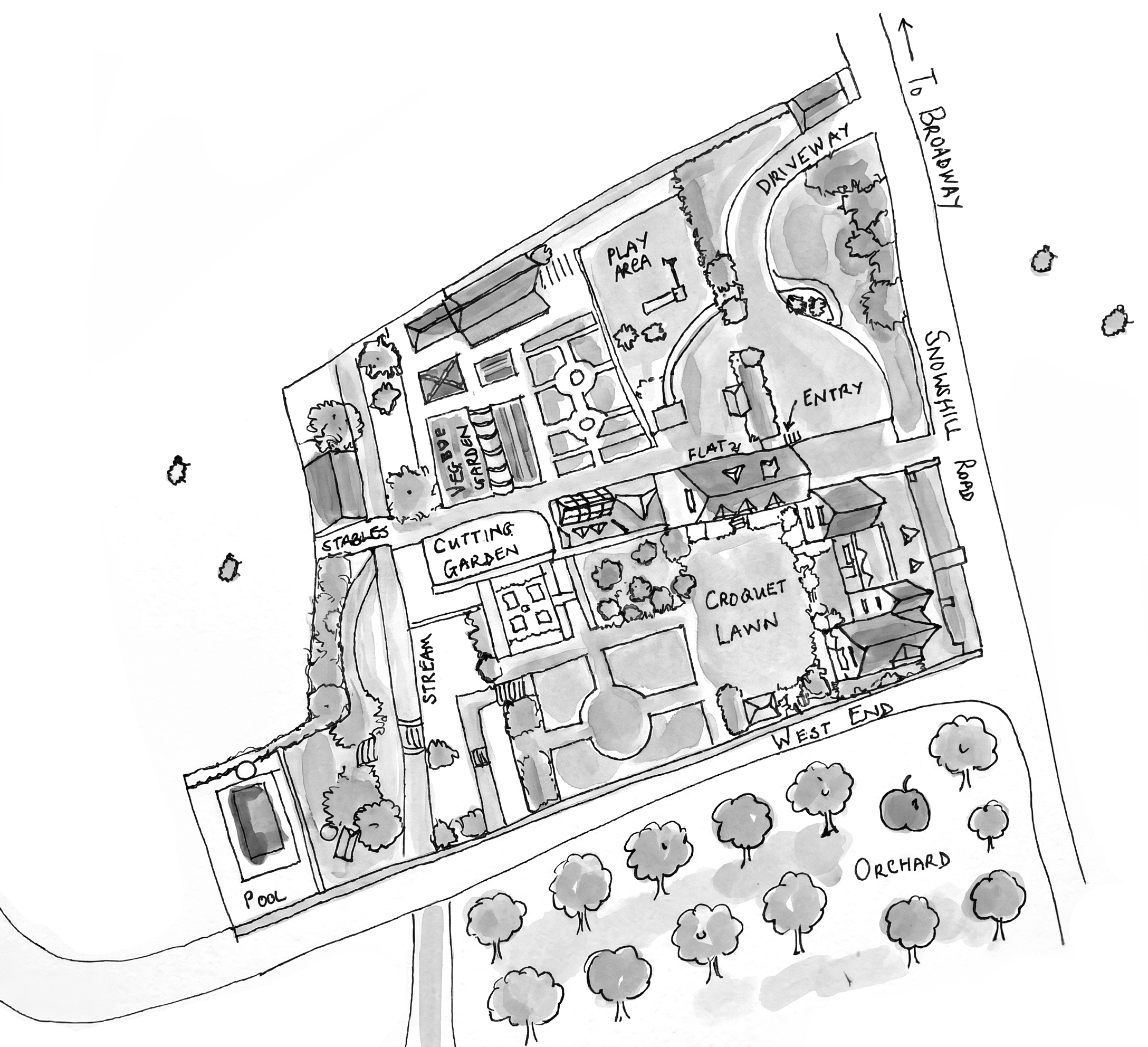 A black and white sketch of Pye Corner House grounds and gardens showing various areas such as a playground, garden, stables, pool, croquet lawn, an apple orchard, with trees and pathways.