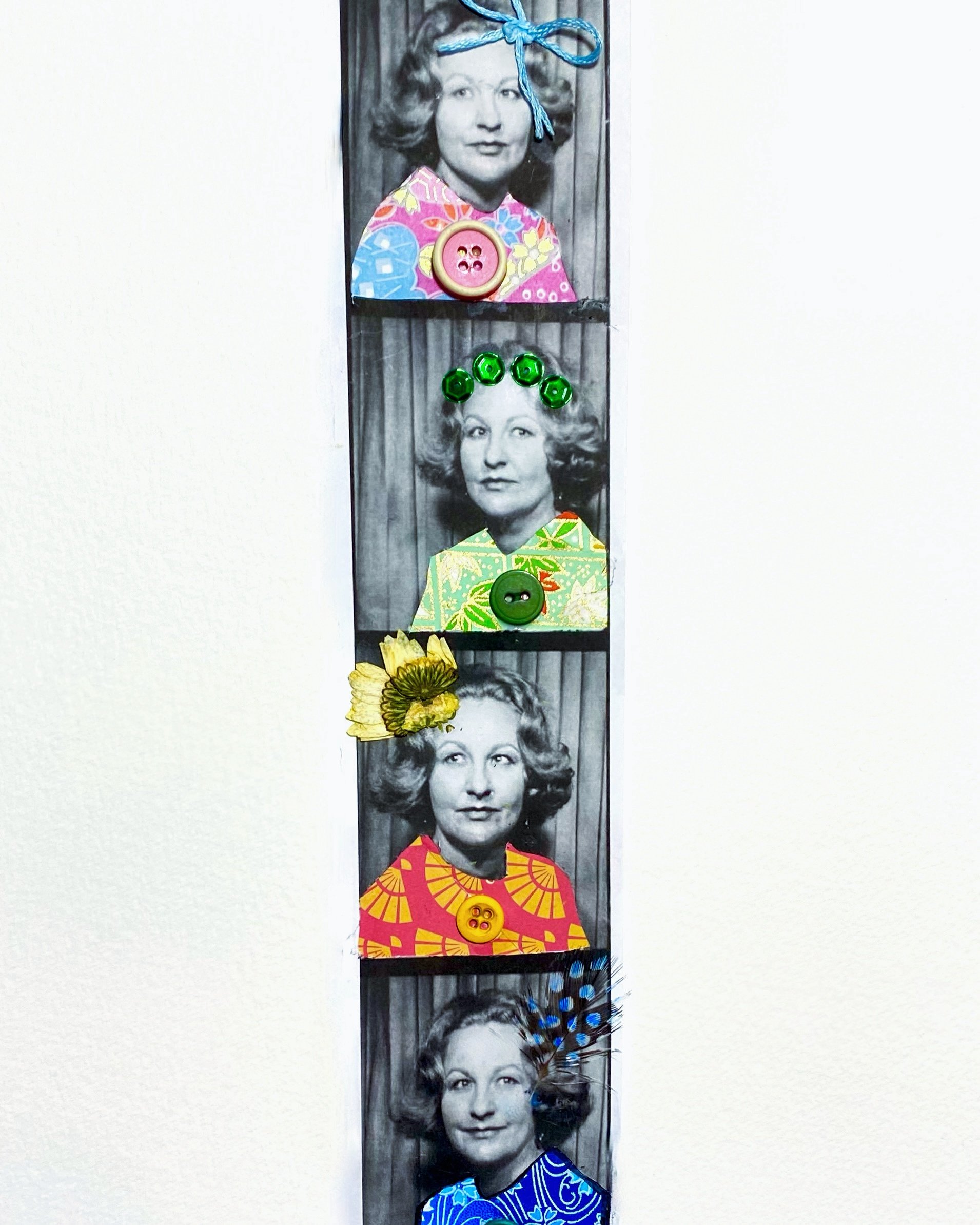 Ann Hicks | The Fashionista | 2.5" x 11" in | Paper, sequins, thread, buttons, flower, feather