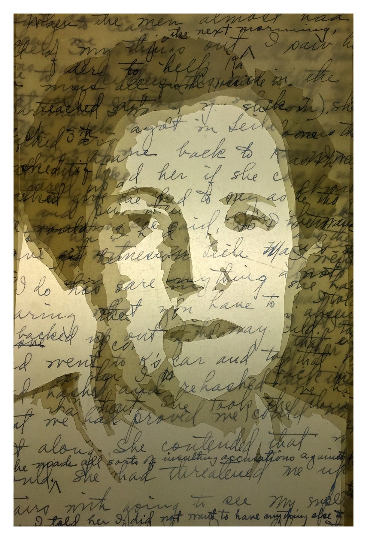 Johanna Norry | Margaret: In Her Words | 8" x 10" in | Hand written letters printed on vellum, cut and layered to recreate her faculty yearbook photo, 1930s