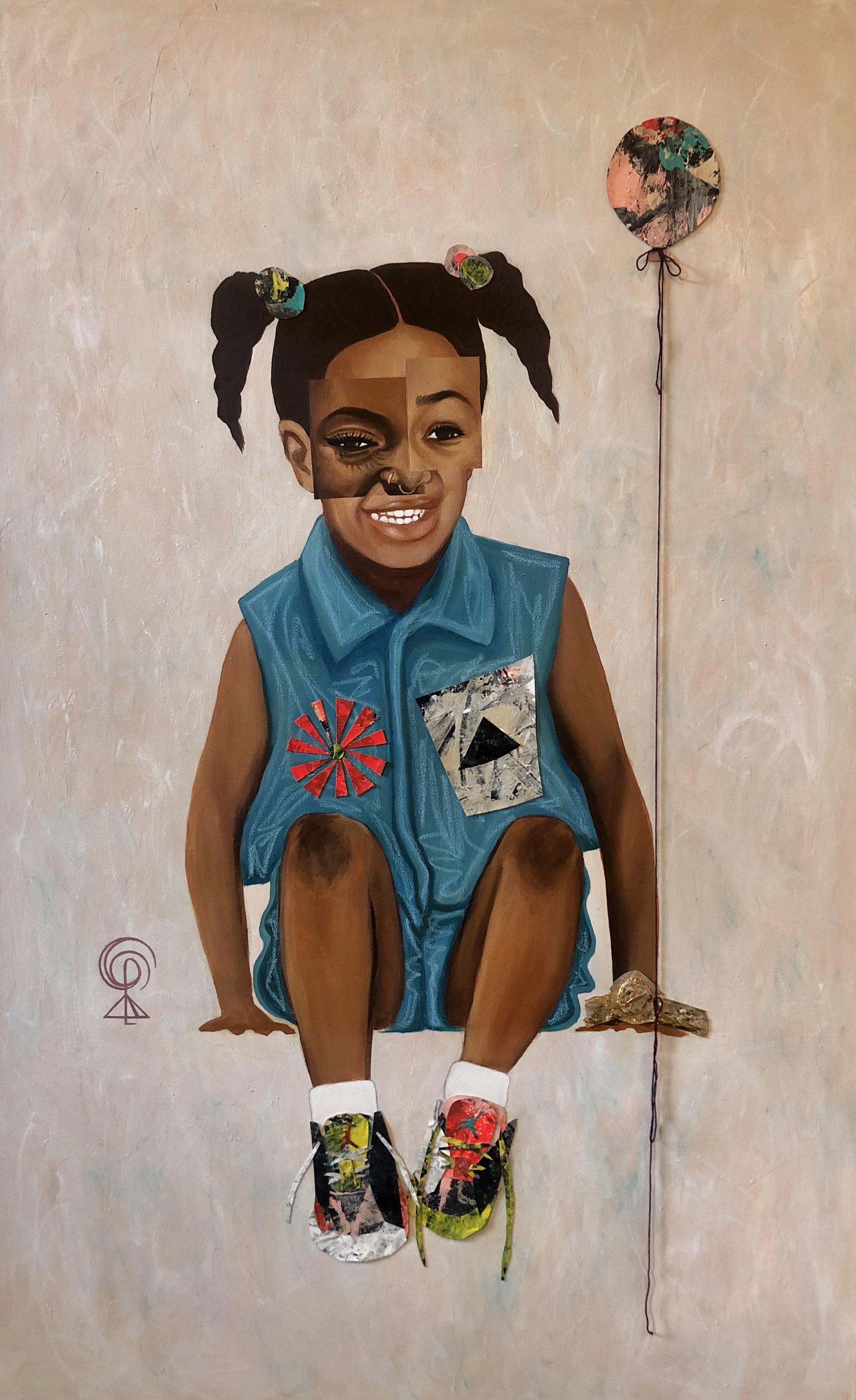 Sasha-Loriene McClain | Grandma's watchin' | 48"x 30"x1.5" in | Acrylic, oil pastel and string on canvas | 2023