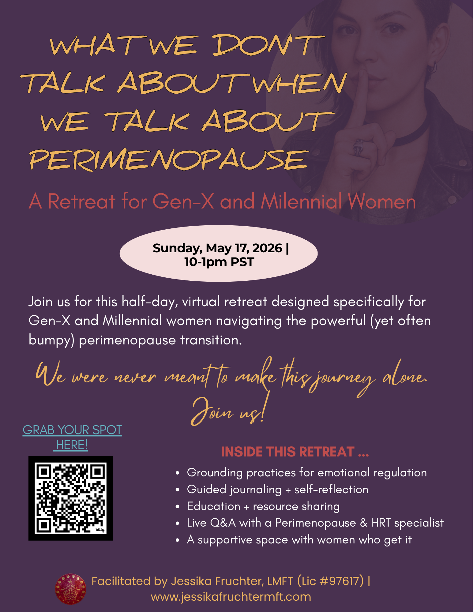 Image is an advertisement for a perimenopause workshop offered by Jessika Fruchter LMFT. This event is great for women in perimenopause who stuggle with depression, anxiety or stress.