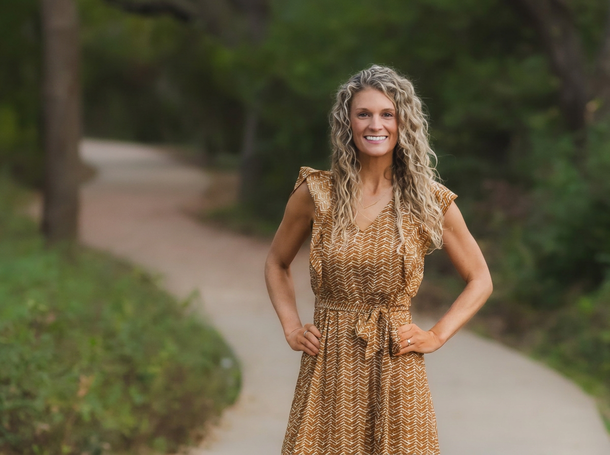 A smiling woman with curly blonde hair standing on a park path with trees in the background, wearing a golden brown patterned dress.