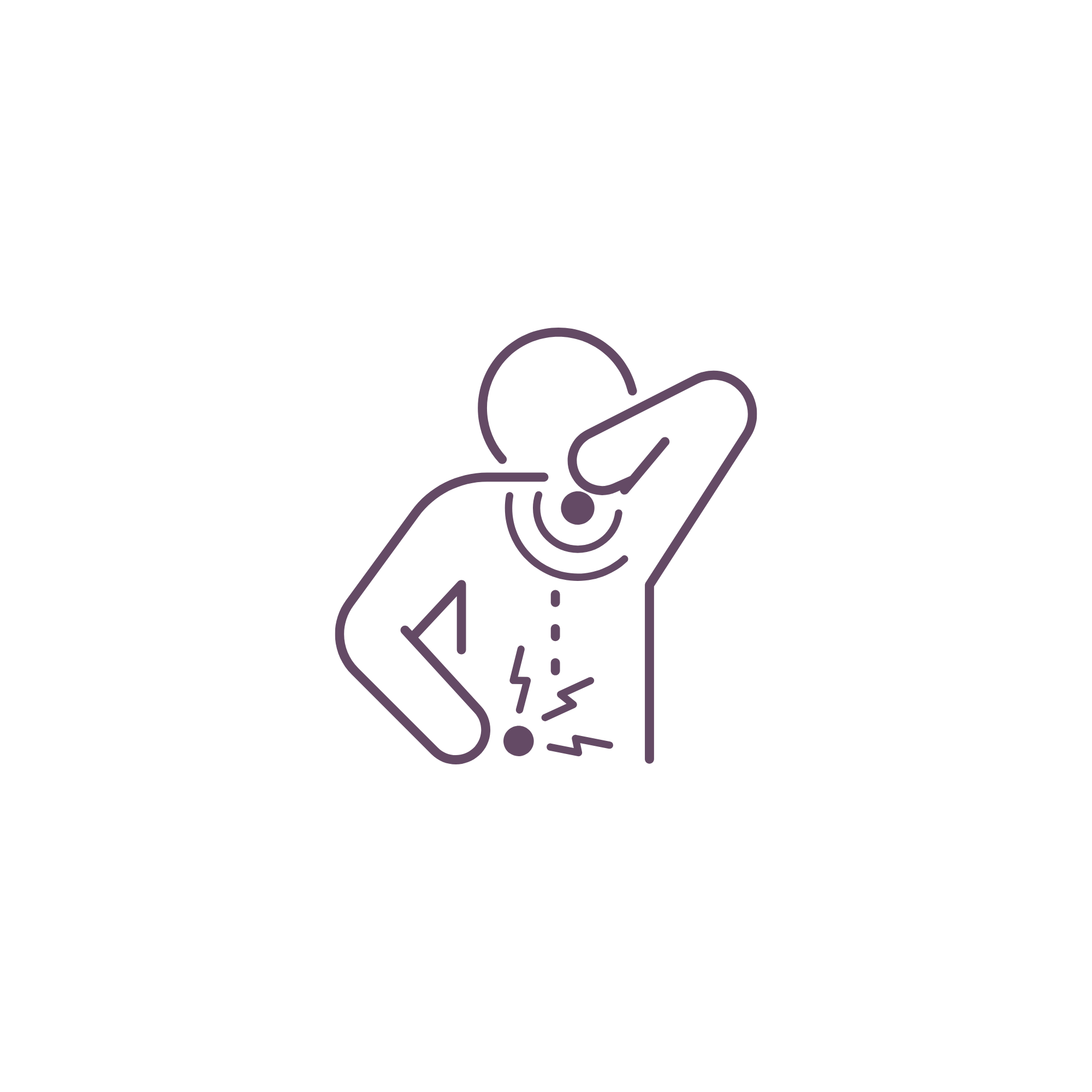 A simple line drawing of a flower in dark purple inside a white circle.