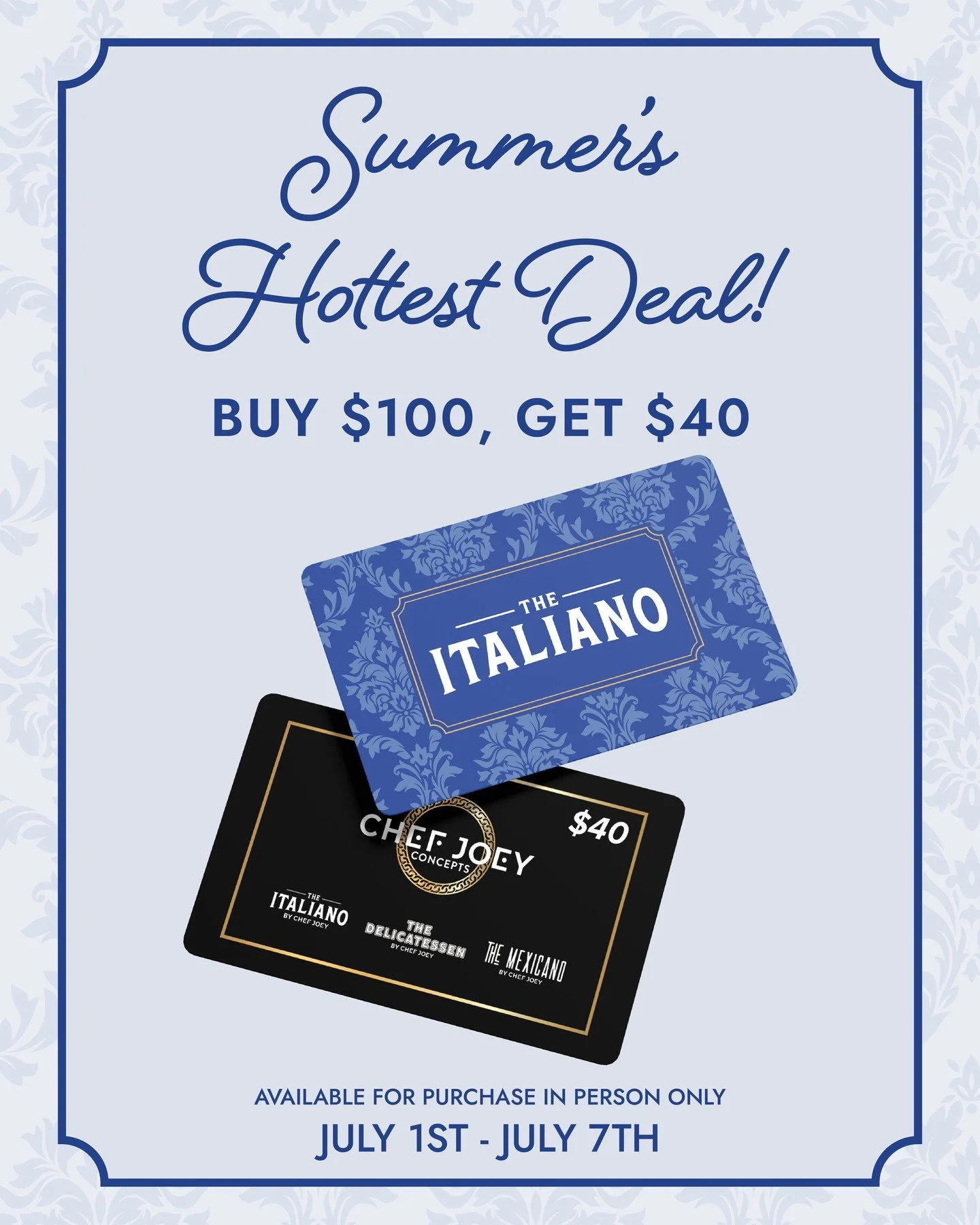 The gift that keeps on giving 🍝⁠
⁠
Buy a $100 gift card at The Italiano July 1st&ndash;7th and we'll add a $40 Chef Joey gift card on us. Use it at The Italiano, The Mexicano, or The Delicatessen.⁠
⁠
In-store purchases only.