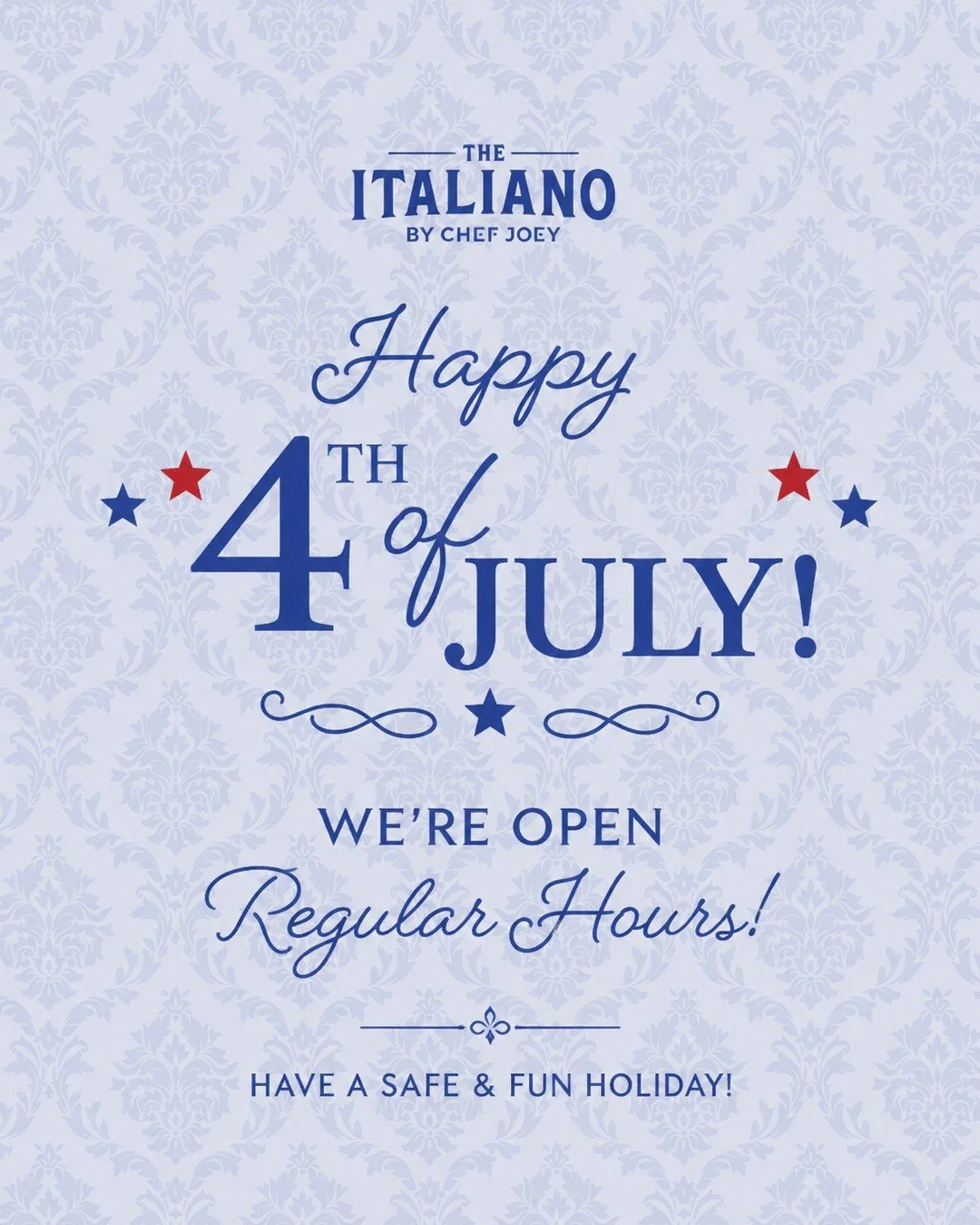 Happy Fourth of July 🇺🇸✨⁠
⁠
We&rsquo;re open regular hours today. Stop by for pasta, pizza, cocktails, and a little holiday celebrating the Italian way 🍝