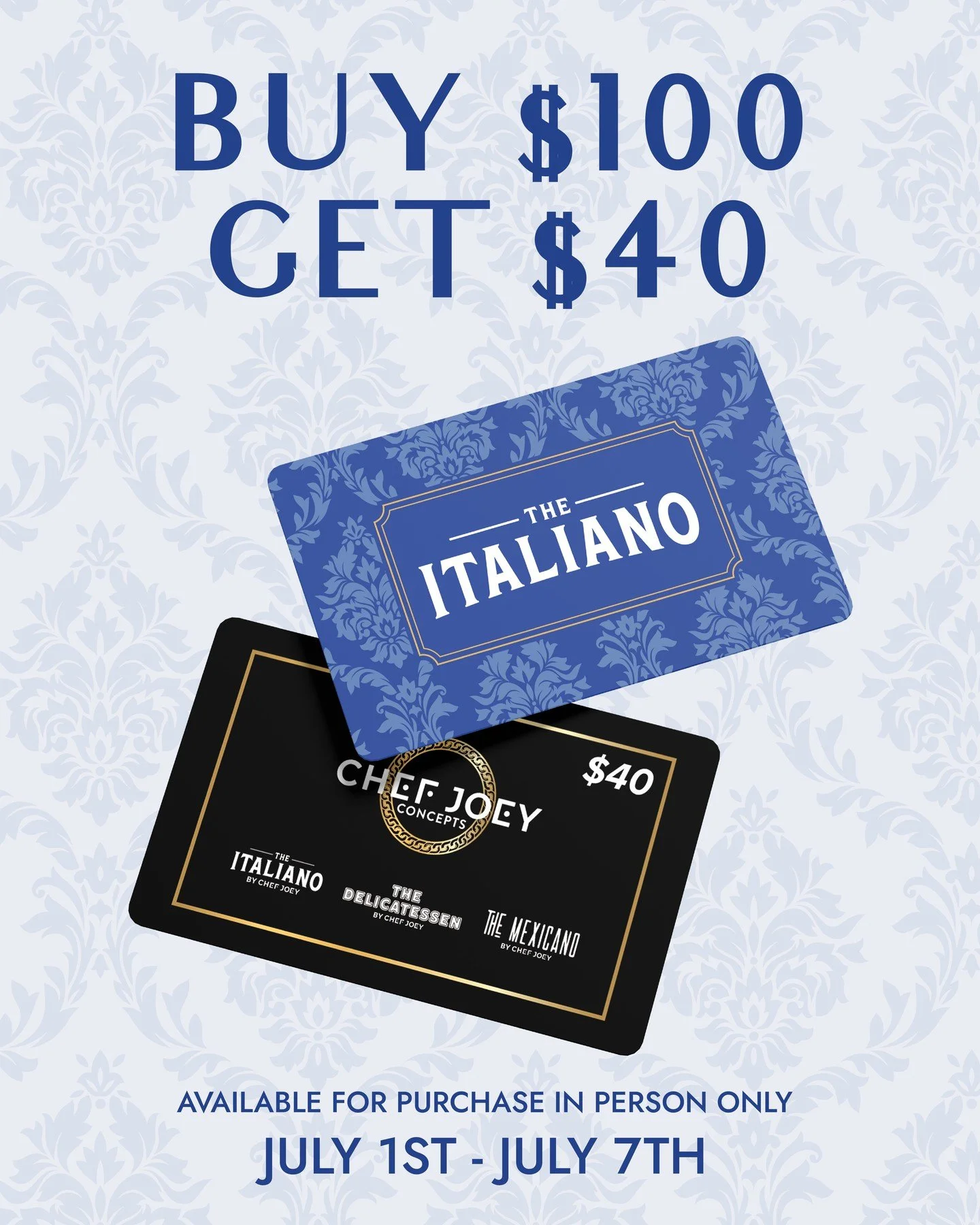 Last chance for a little something extra 🍷⁠
⁠
Our gift card bonus offer ends July 7th. Purchase a $100 gift card to The Italiano and receive a $40 Chef Joey bonus gift card to use at The Italiano, The Mexicano, or The Delicatessen.⁠
⁠
Available in-s