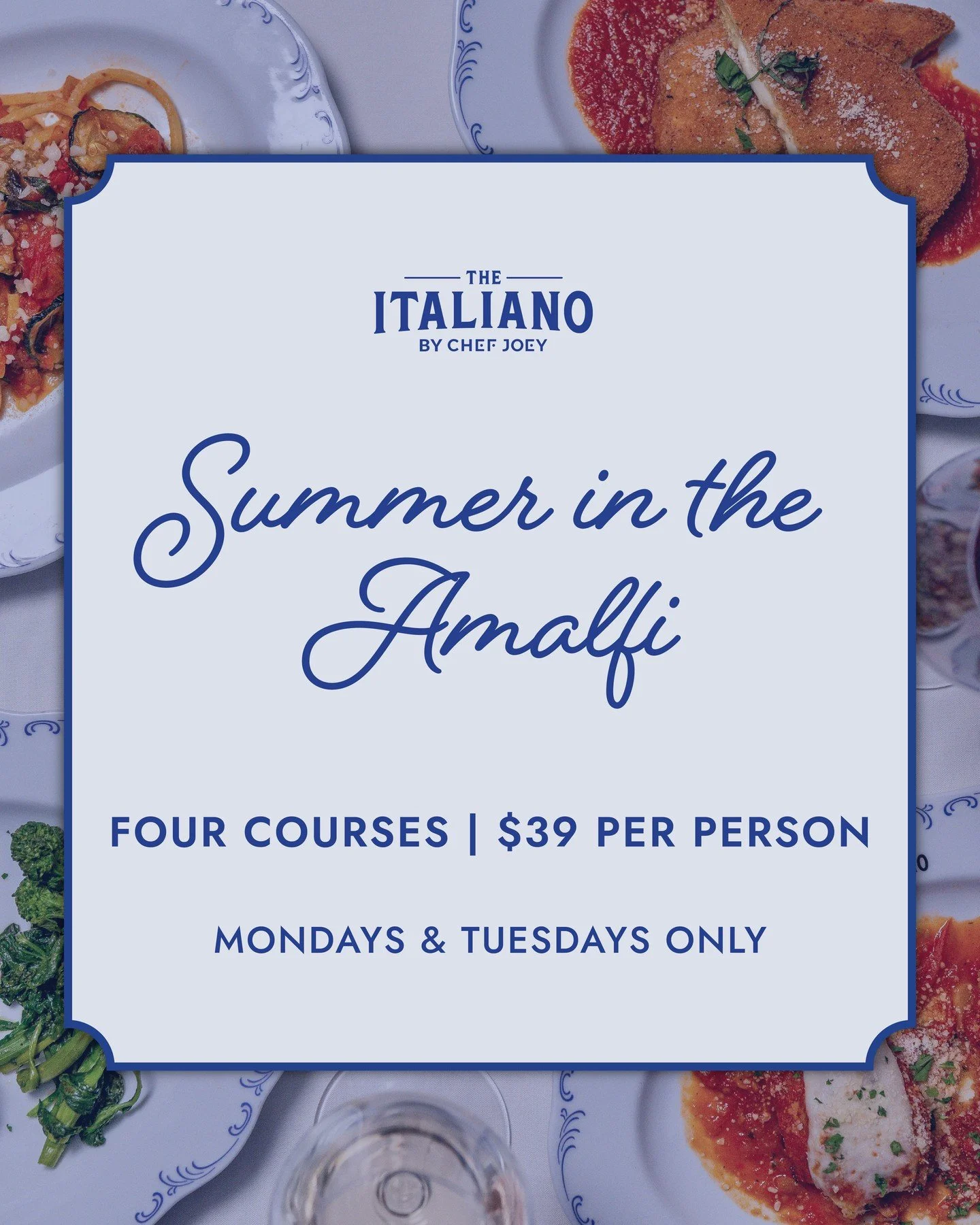 Escape to the Amalfi Coast - no passport required 🇮🇹✨ 4 courses. $39 per person. Mondays &amp; Tuesdays only.