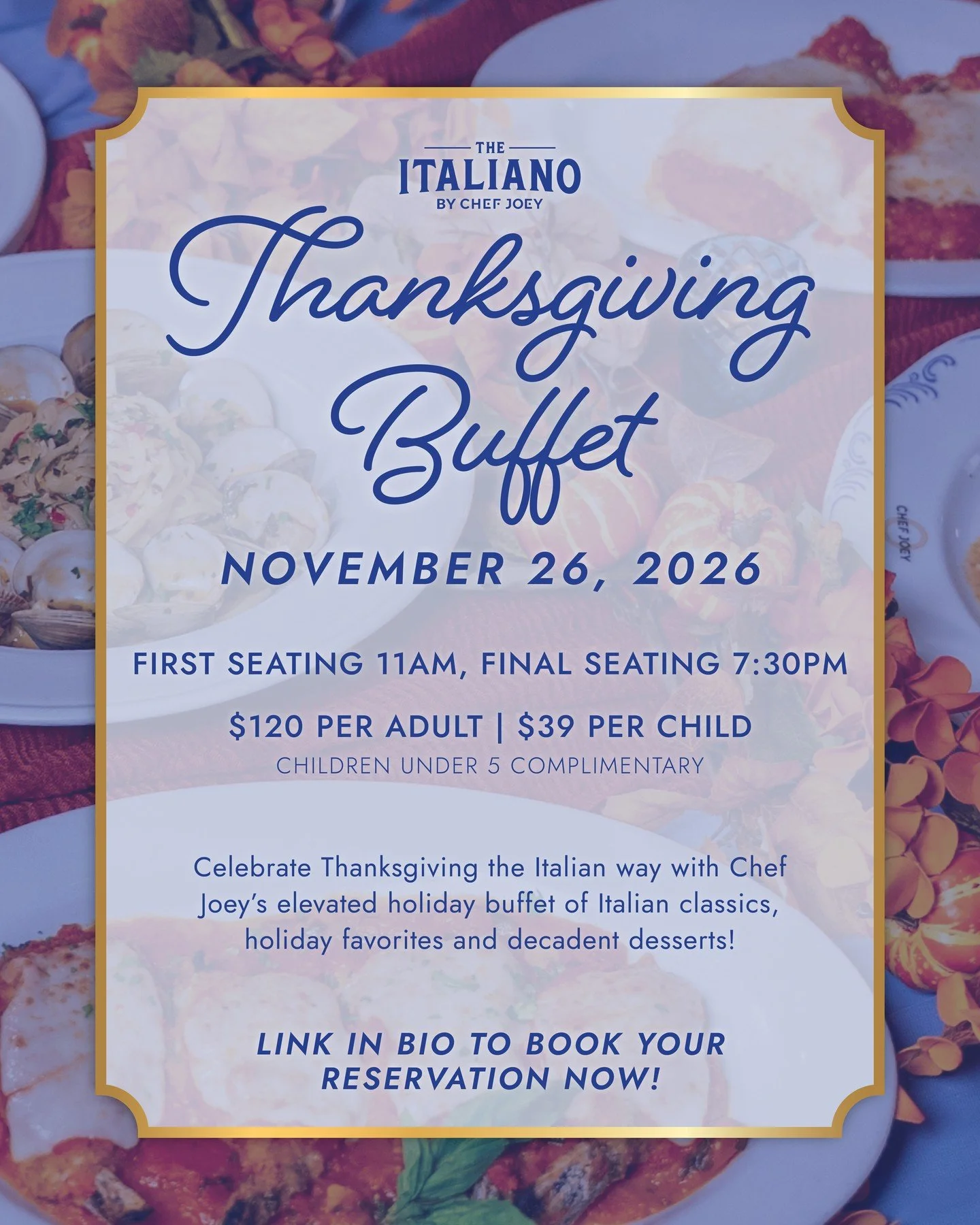 A Thanksgiving tradition, Italiano style. 🍷🍂⁠
⁠
Spend this Thanksgiving with us at The Italiano for a festive buffet featuring beloved Italian dishes, Thanksgiving favorites, and an assortment of desserts to enjoy with family and friends.⁠
⁠
📅 Nov