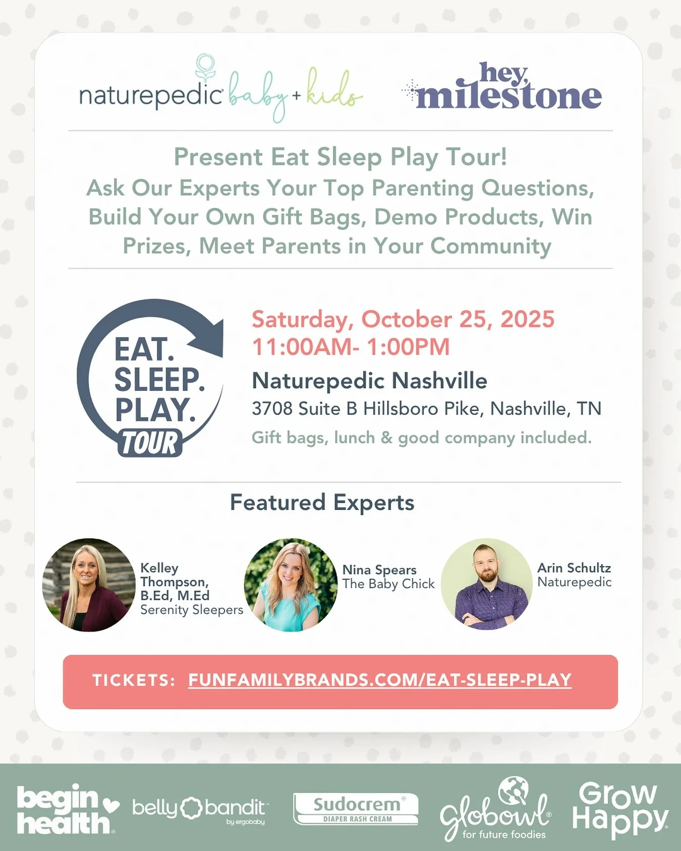 Hey Nashville mamas 💛 Ready to take a little time for you (and your growing family)?

The @eatsleepplaytour is rolling into Music City for a morning of real talk, expert advice, and community connection for new + expecting parents. 🌿

Join us on Sa