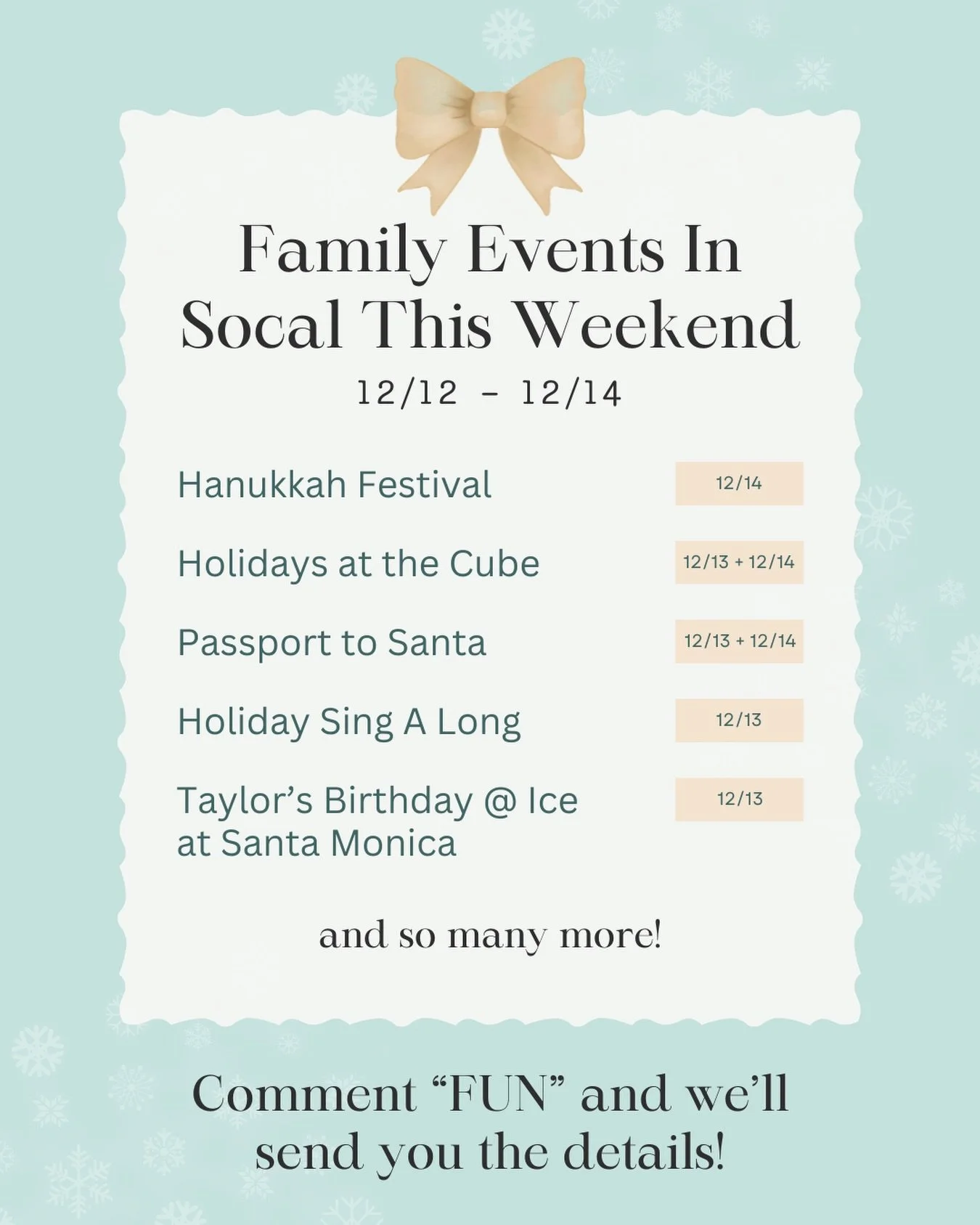 The weekend is calling&hellip; and it wants holiday magic! ✨ Here are a few of our fave family-friendly picks from @momsla&rsquo;s list of the best things to do in LA this weekend!
 
🕎 Hanukkah Festival at the Skirball - 12/14 Live music, dancing, s