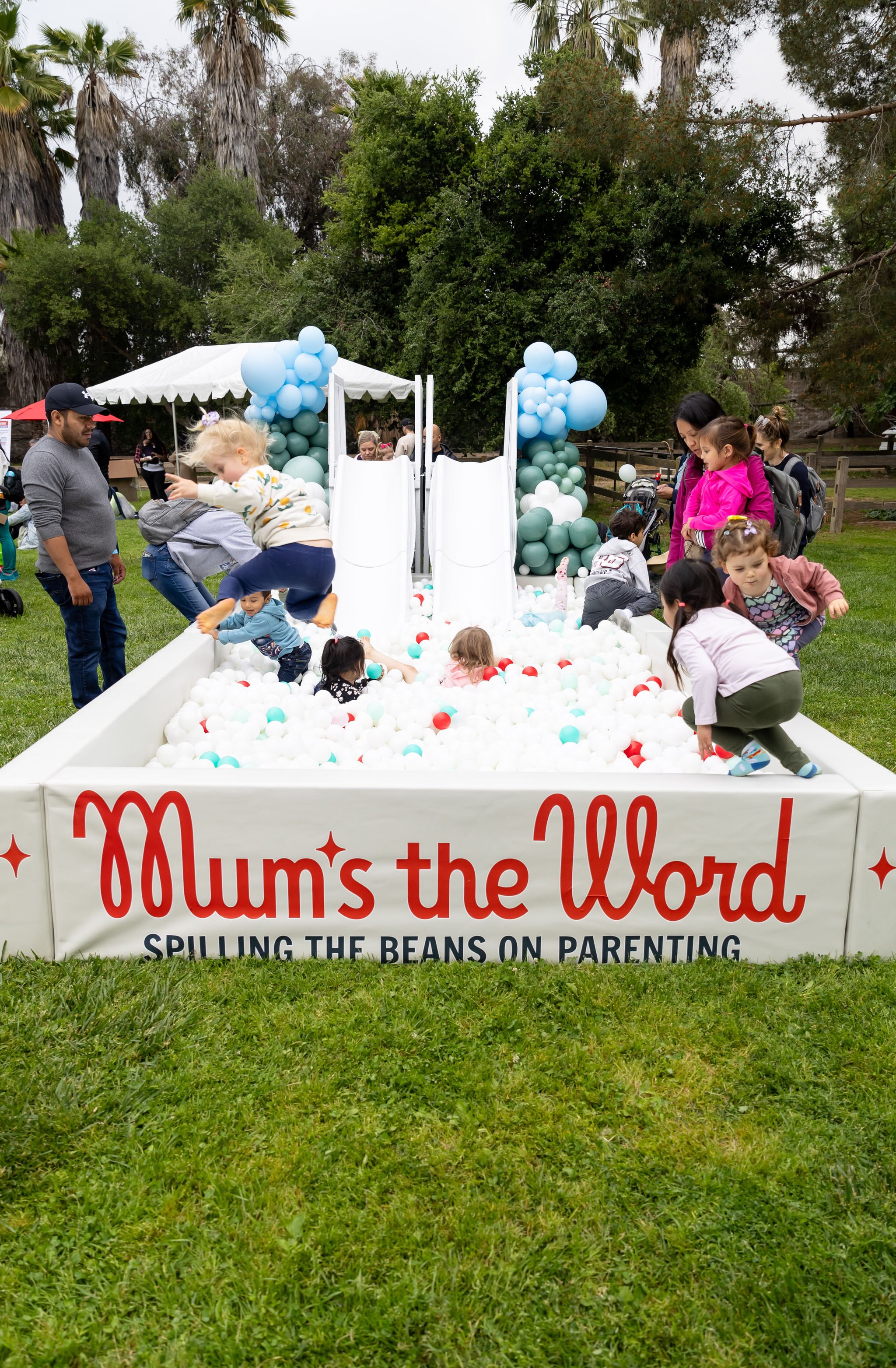 Illustration of the words "Mom's the Word" written in red text on a cream background.