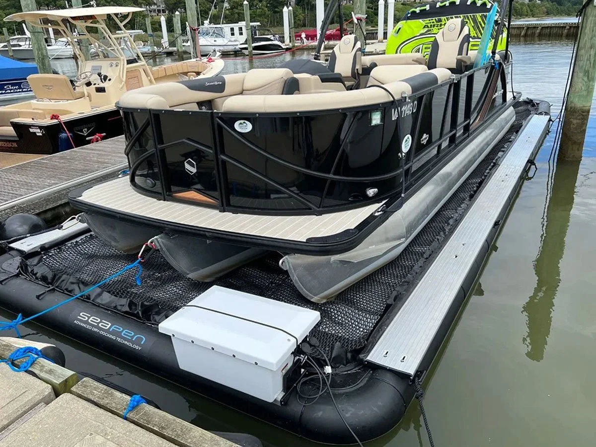 Solstice SeaPen Dry Dock Pontoon boat installed in Virginia marina.