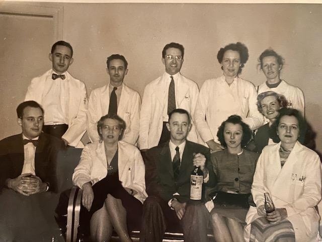  Helen, second from left, with fellows and spouses, including Charlotte Ferencz,  bottom, right. and Tony Perlman,  top, left, 1949.    