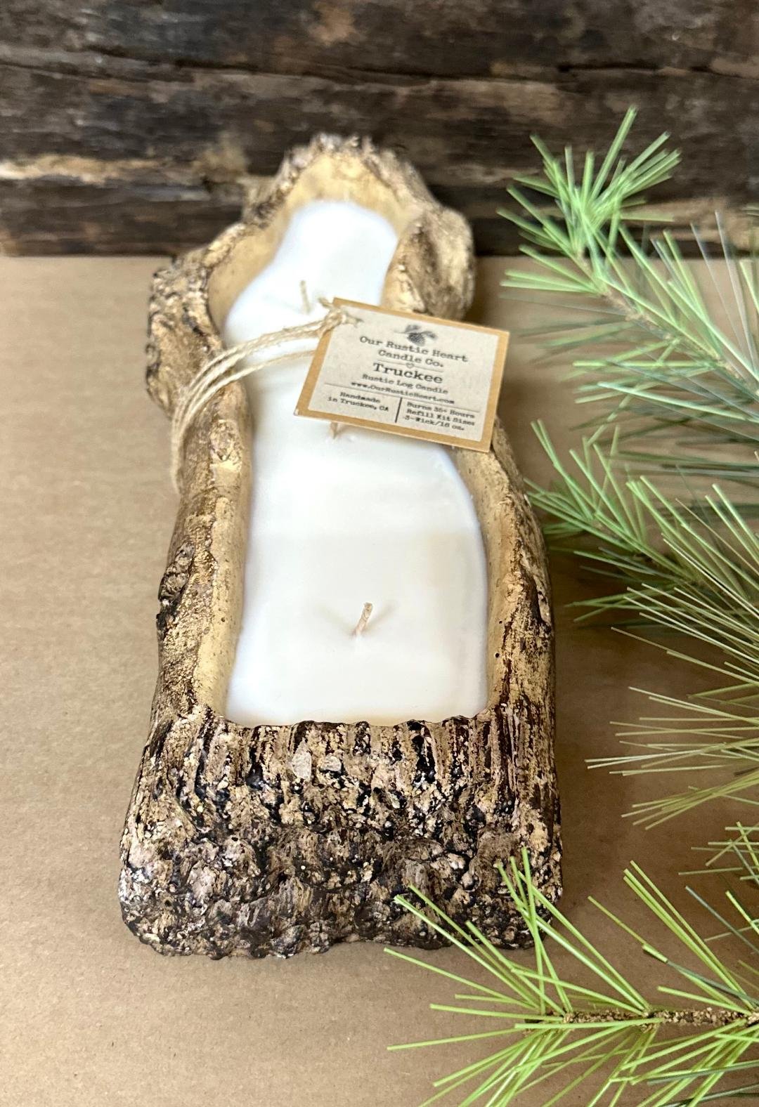 rustic, candles, rustic log candles, best rustic candles, refillable candles, handmade, best custom candles, Lake Tahoe candles, Our Rustic Heart