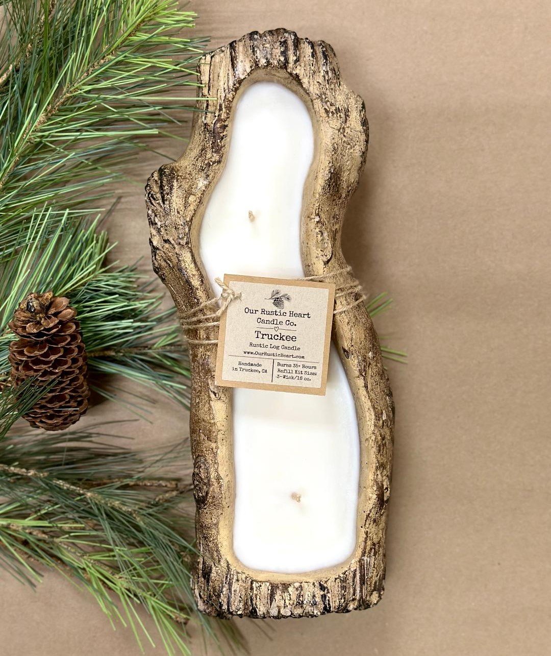 rustic, candles, rustic log candles, best rustic candles, refillable candles, handmade, best custom candles, Lake Tahoe candles, Our Rustic Heart