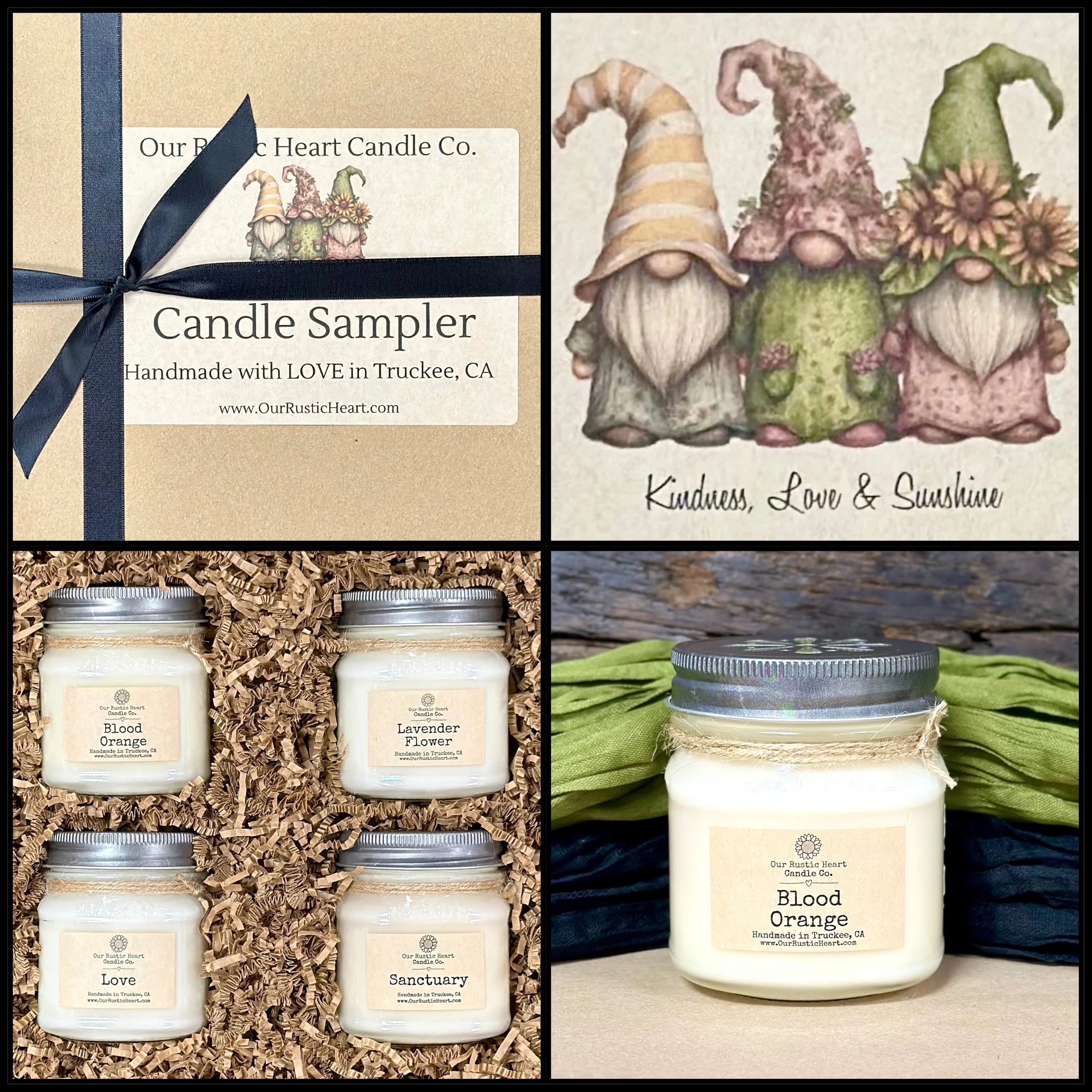 handmade candle samplers, rustic candle samplers, custom candle samplers, farmhouse candle samplers, eco friendly candle samplers, candle sampler gifts, Our Rustic Heart