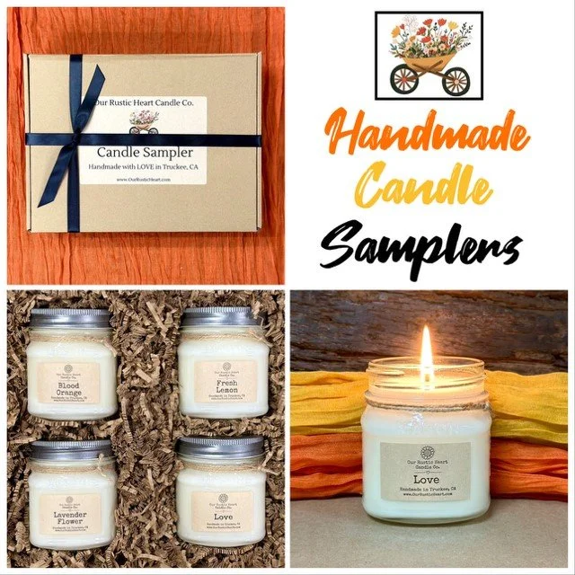 handmade candle samplers, rustic candle samplers, custom candle samplers, farmhouse candle samplers, eco friendly candle samplers, candle sampler gifts, Our Rustic Heart, mother's day gifts