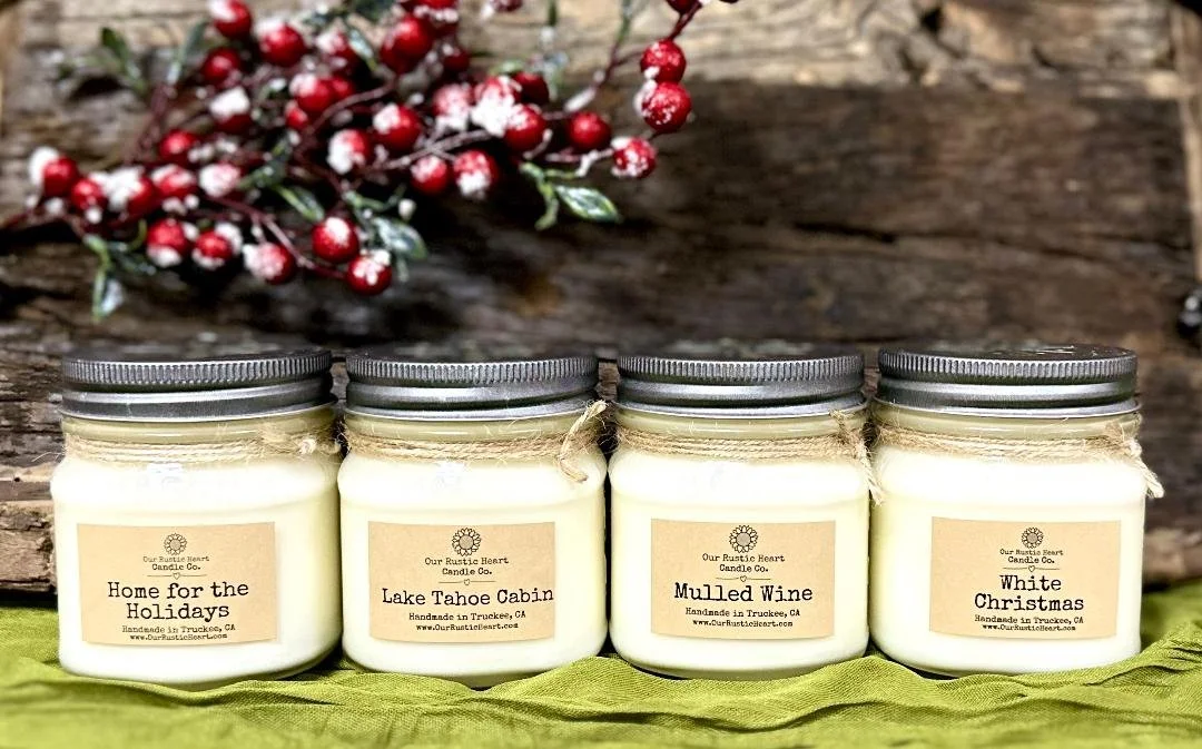 handmade holiday candles, handmade holiday gifts, rustic holiday gifts, rustic eco friendly gifts, holiday candles, custom holiday candles, Lake Tahoe holiday gifts, natural holiday candles