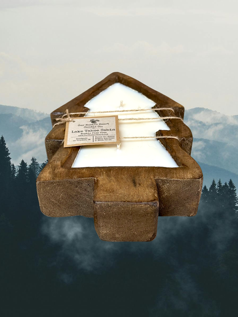 Lake Tahoe candles, custom Lake Tahoe Candles, Pine Tree Candles, Custom Refillable candles, eco friendly candles, natural refillable candles, rustic wood candles, tree candles