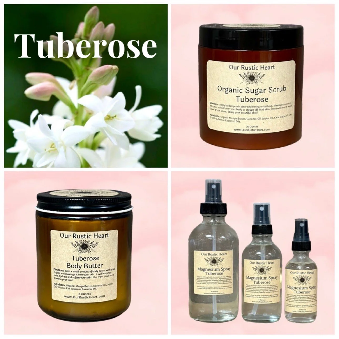 tuberose bath products, tuberose body products, tuberose body butter, tuberose sugar scrub, tuberose magnesium spray, natural tuberose body products, Our Rustic Heart