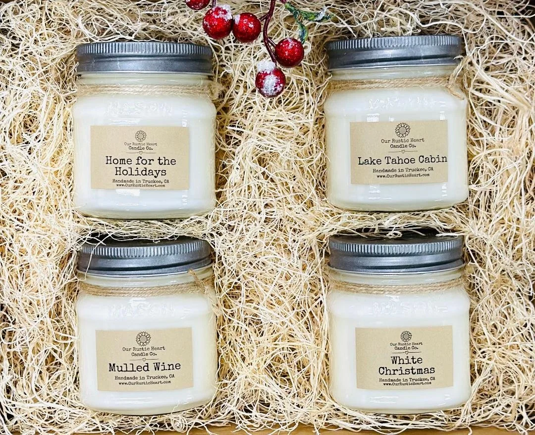 handmade holiday candles, handmade holiday gifts, rustic holiday gifts, rustic eco friendly gifts, holiday candles, custom holiday candles, Lake Tahoe holiday gifts, natural holiday candles