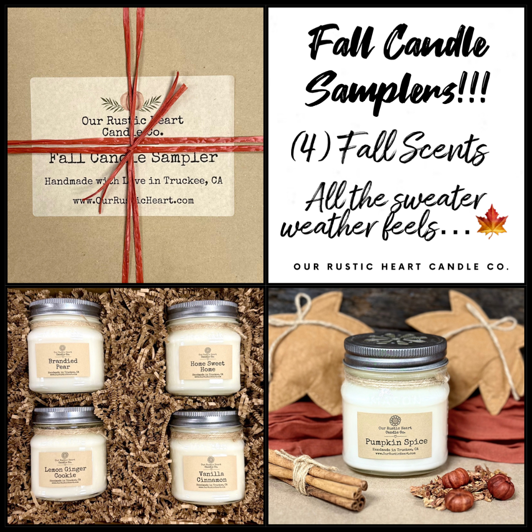 fall soy candles, natural fall candles, fall farmhouse candles, rustic fall candles, fall candle sampler, long lasting fall candles