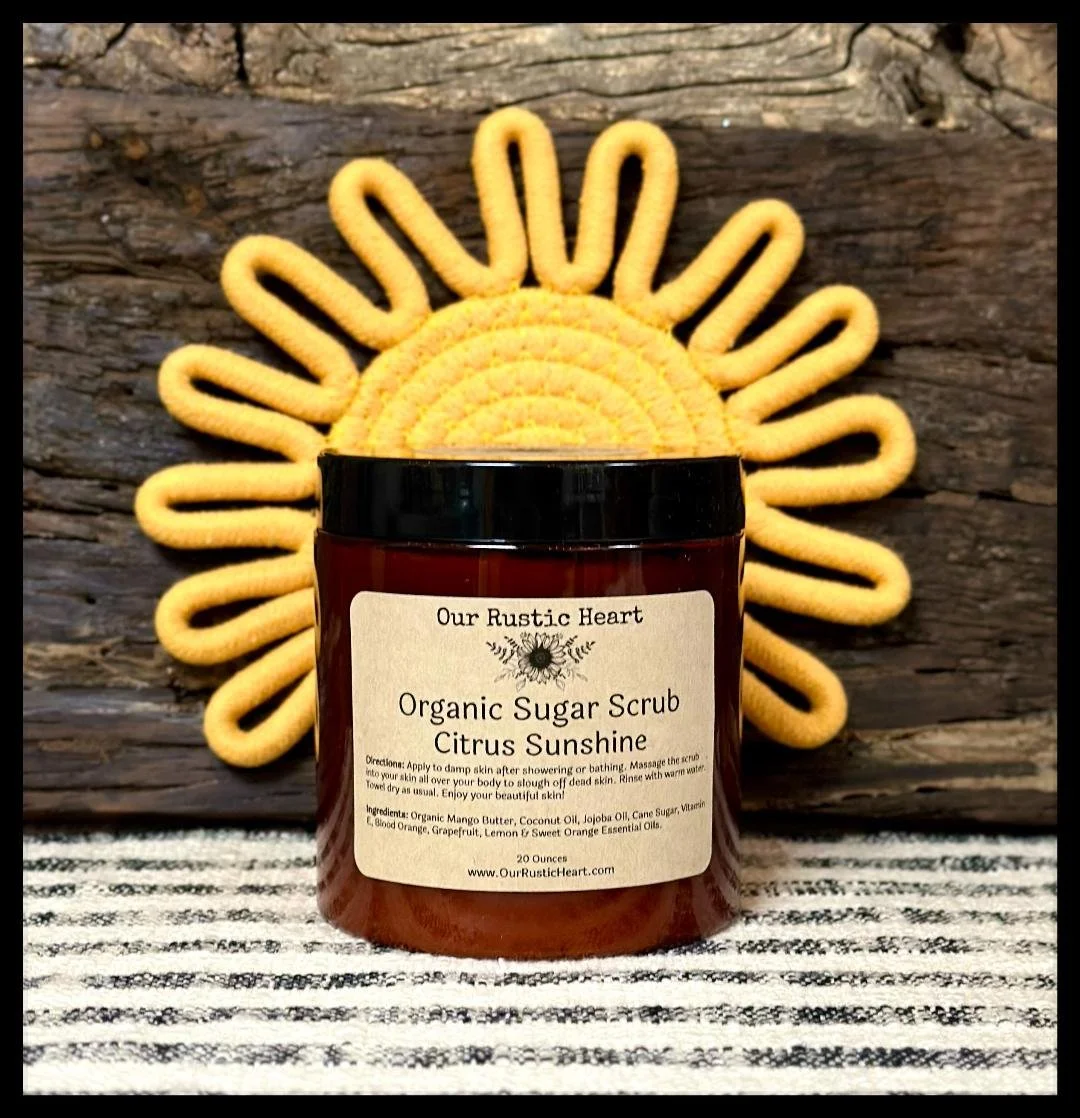 organic, sugar scrub, exfoliate, handcrafted, bath. body, skin, best, Our Rustic Heart, Citrus, Peppermint