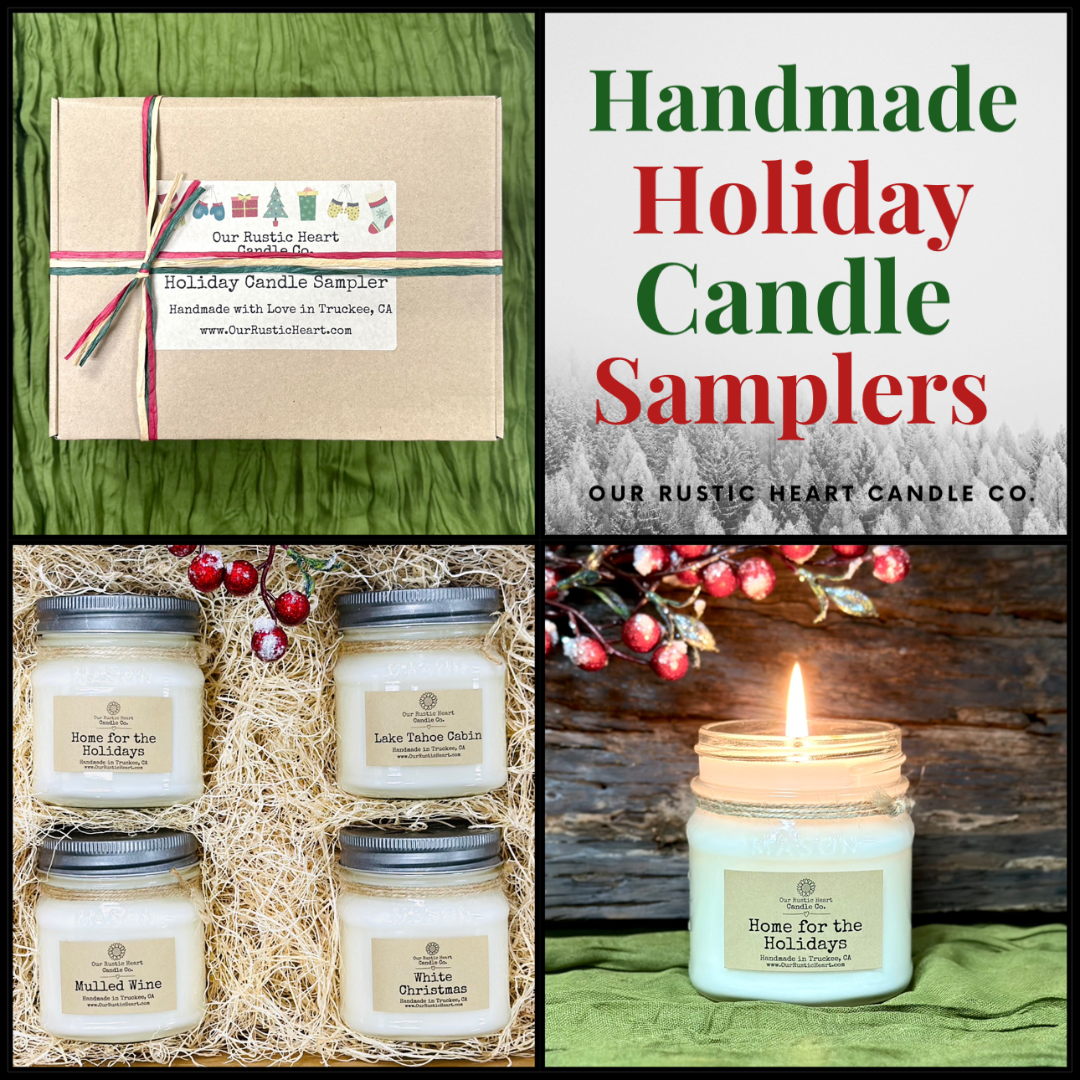 handmade holiday candles, handmade holiday gifts, rustic holiday gifts, rustic eco friendly gifts, holiday candles, custom holiday candles, Lake Tahoe holiday gifts, natural holiday candles