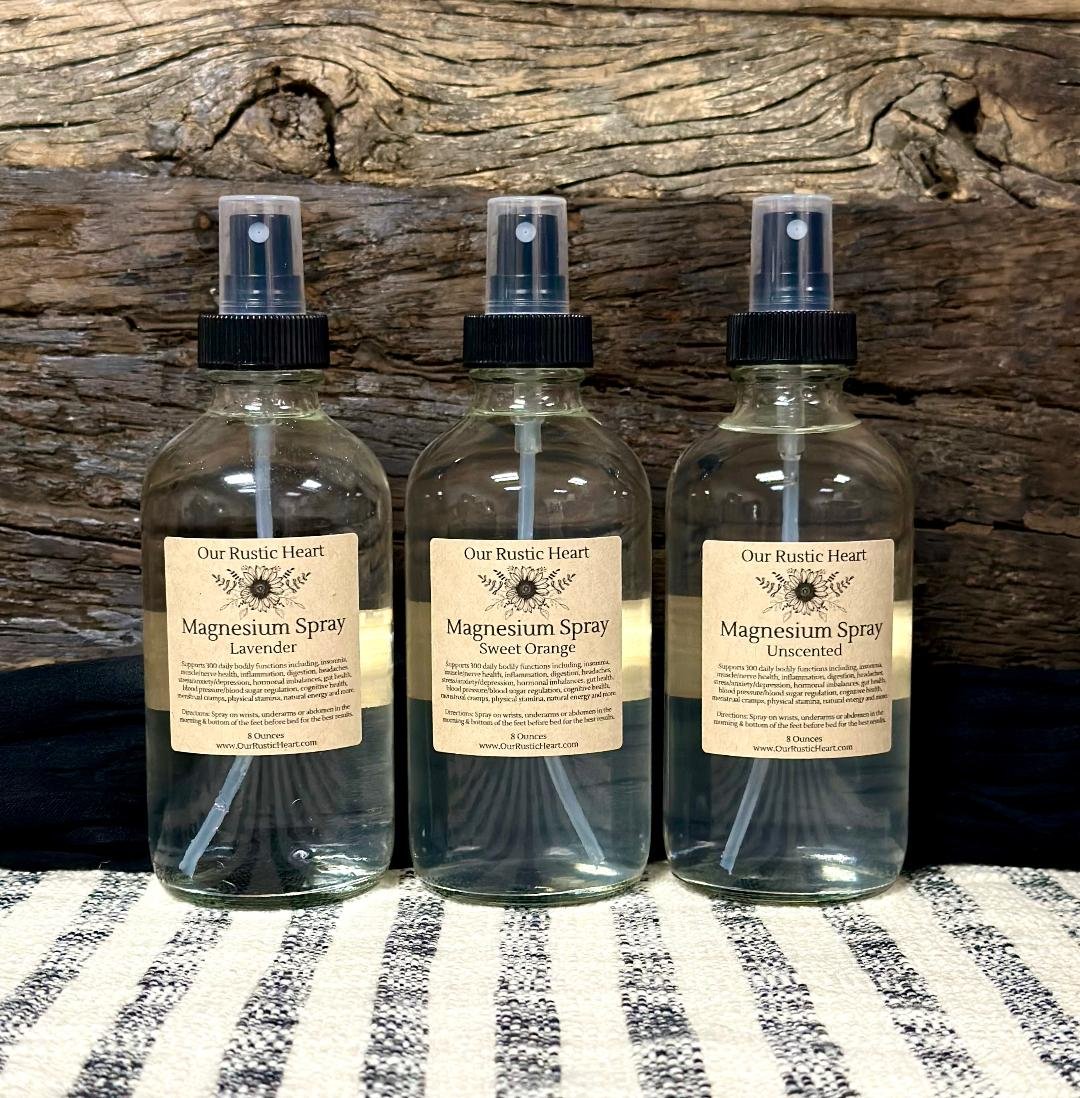 magnesium spray, magnesium wellness spray, transdermal magnesium, magnesium supplements, cramping spray, muscle soreness spray, Our Rustic Heart