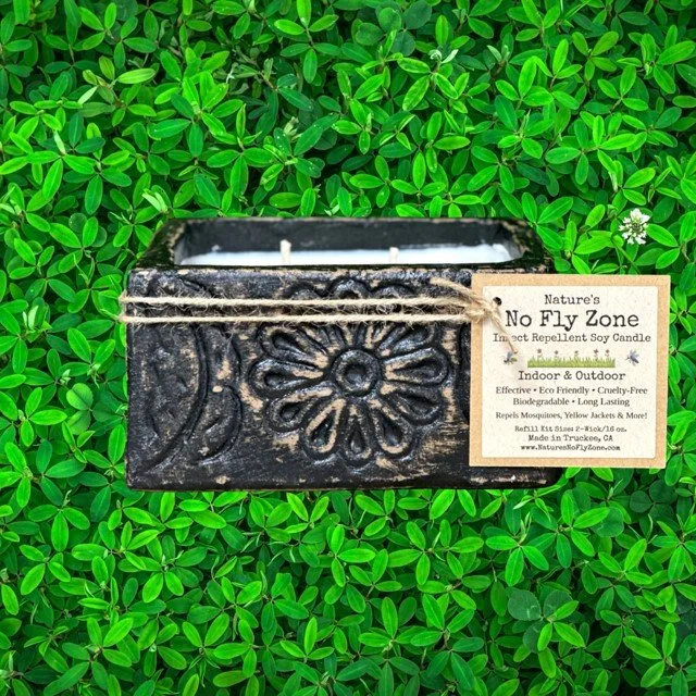 rustic, black, patio candles, insect repellent candles, custom insect repellent candles, refillable outdoor candles