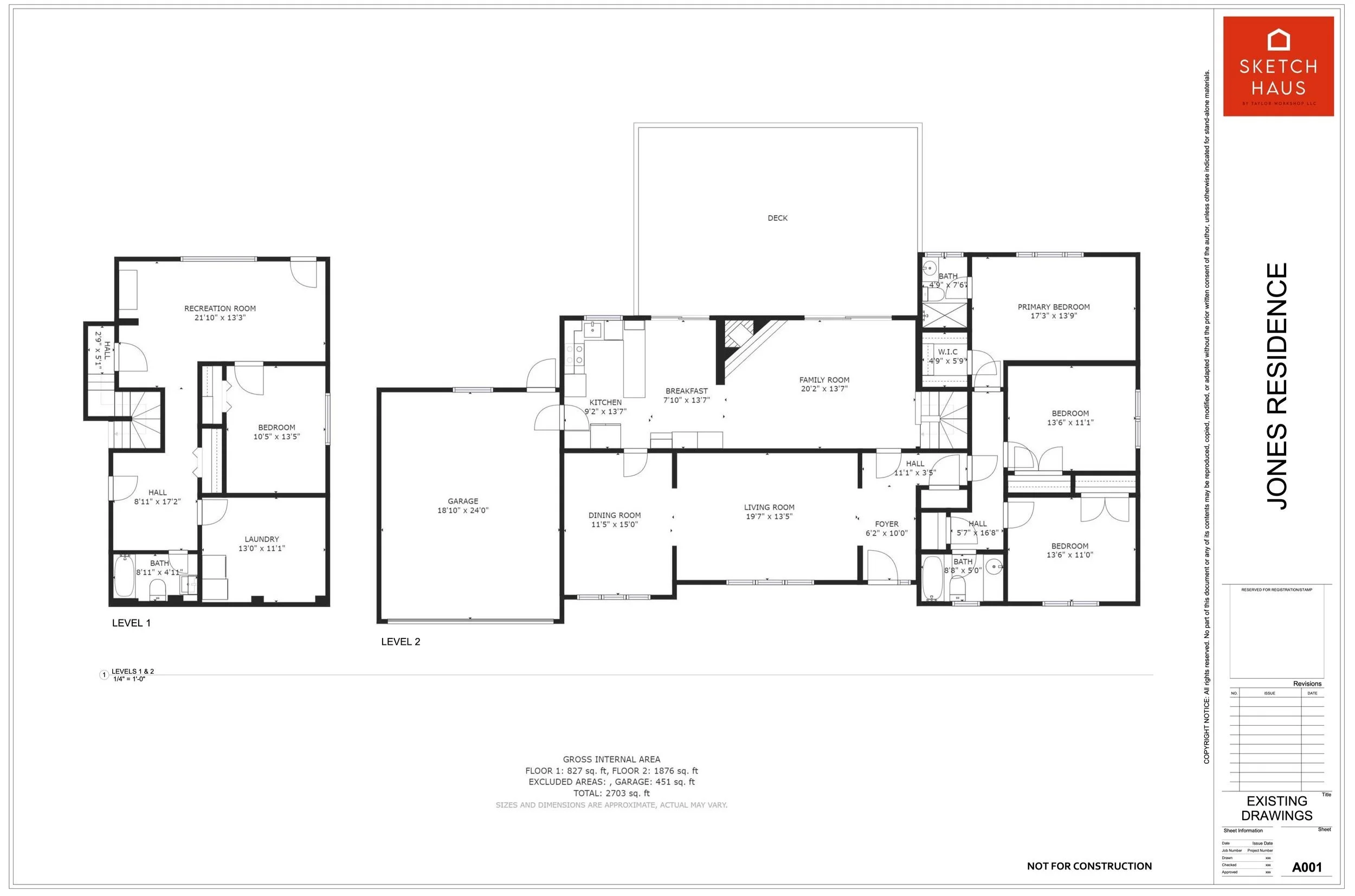 Architectural floor plan for "Jones Residence," showing two levels. Level 1 includes a garage, recreation room, bedroom, laundry, and bathroom. Level 2 features a kitchen, dining room, living room, family room, primary bedroom with W.I.C. and bath, two additional bedrooms, hall, foyer, and another bathroom. A deck is also noted.