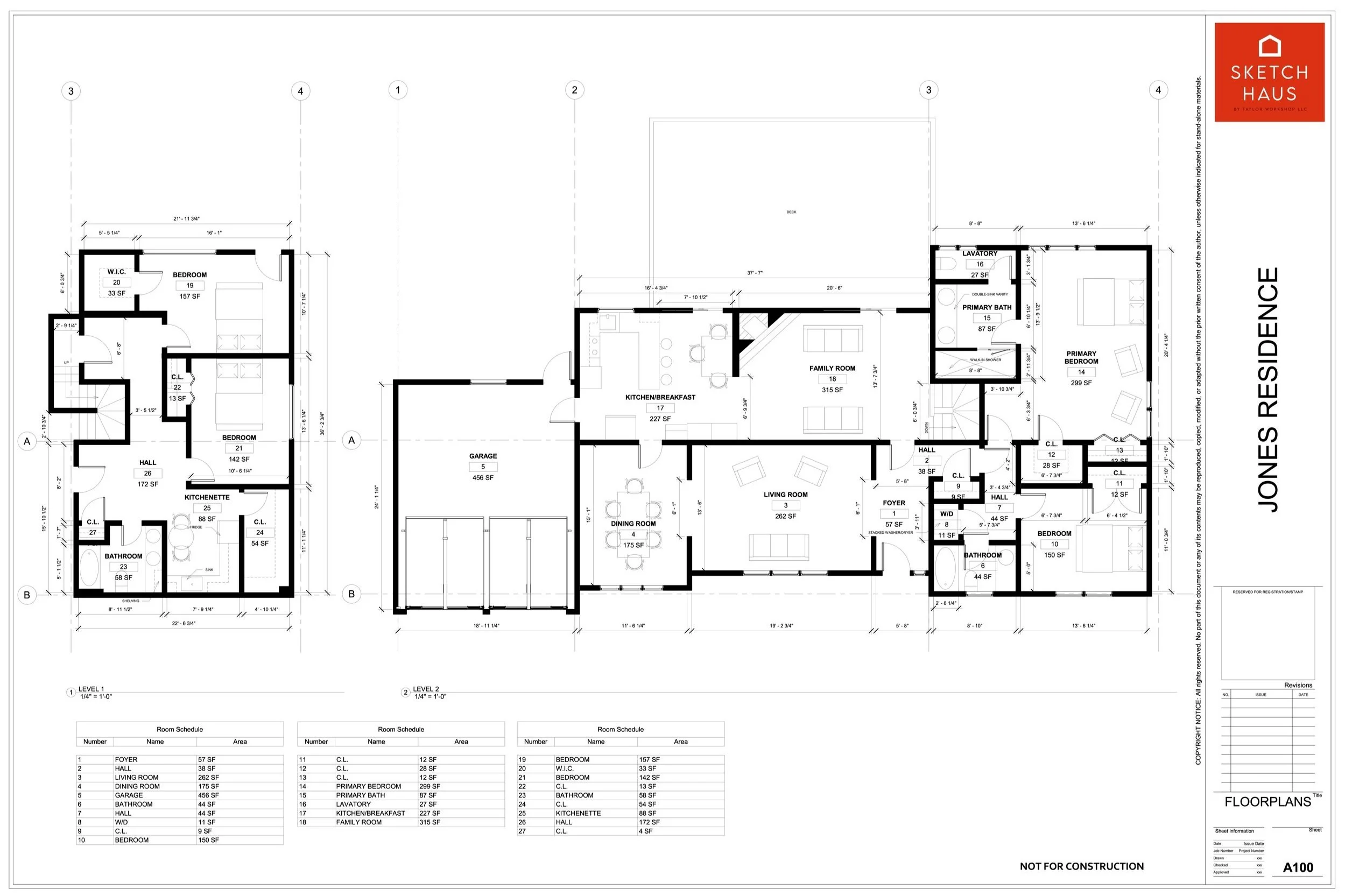 Blueprint for Jones Residence showing detailed floor plans with labeled rooms including bedrooms, bathrooms, kitchen, living and dining rooms, family room, garage, and dimensions. Includes a room schedule and scale information. Not for construction.