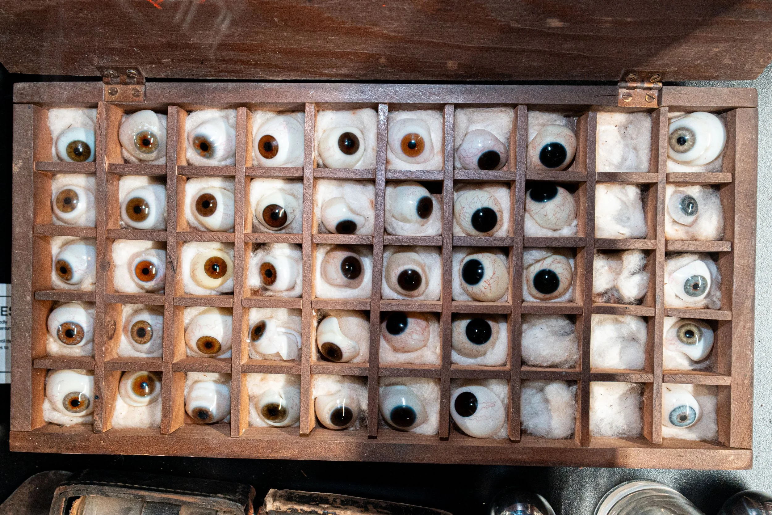 Real antique glass eye prosthetics like they would have used in the 1930s
