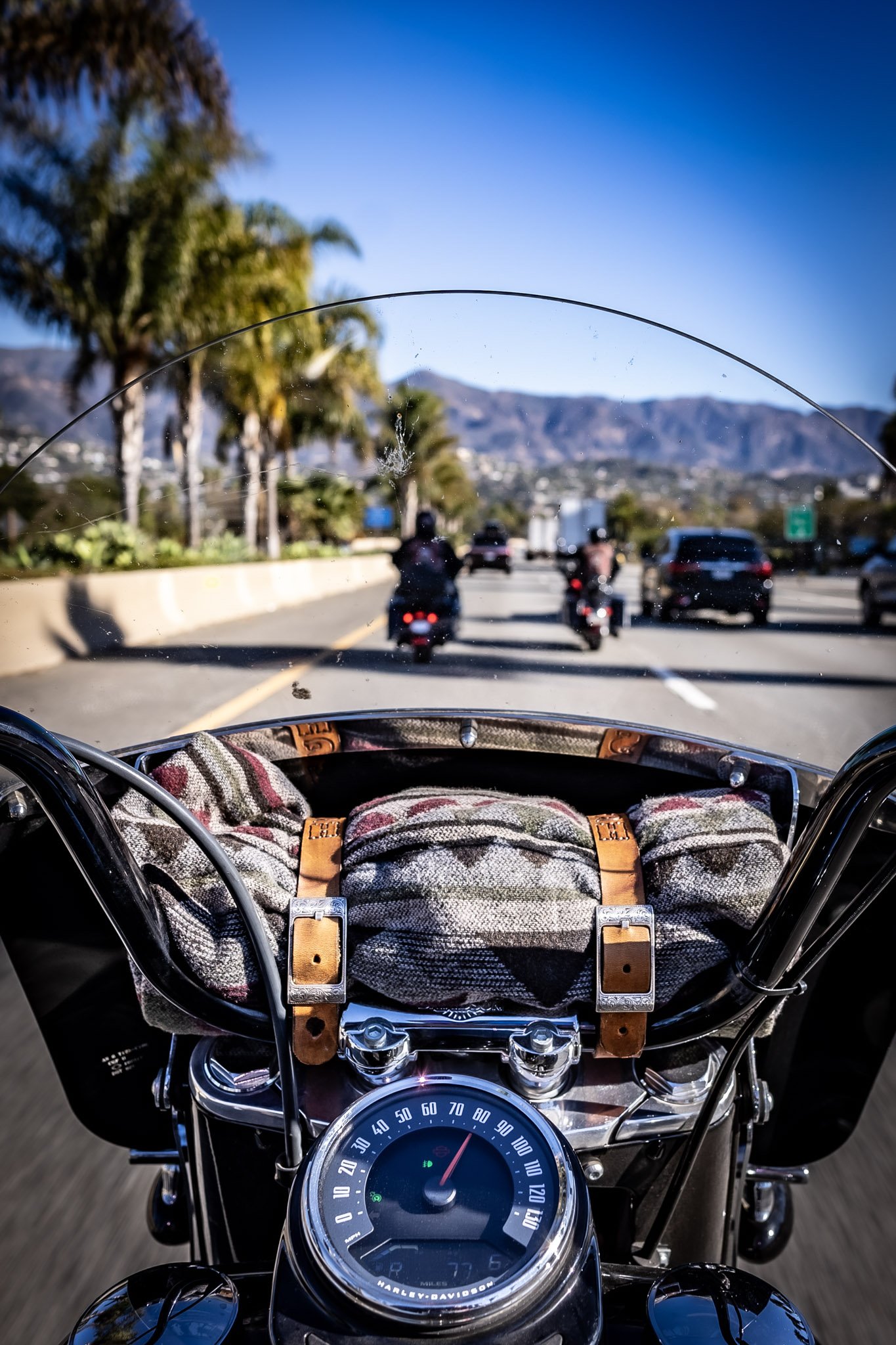 View from a motorcycle on a highway, showing speedometer and strapped blanket with a mountain backdrop and palm trees.