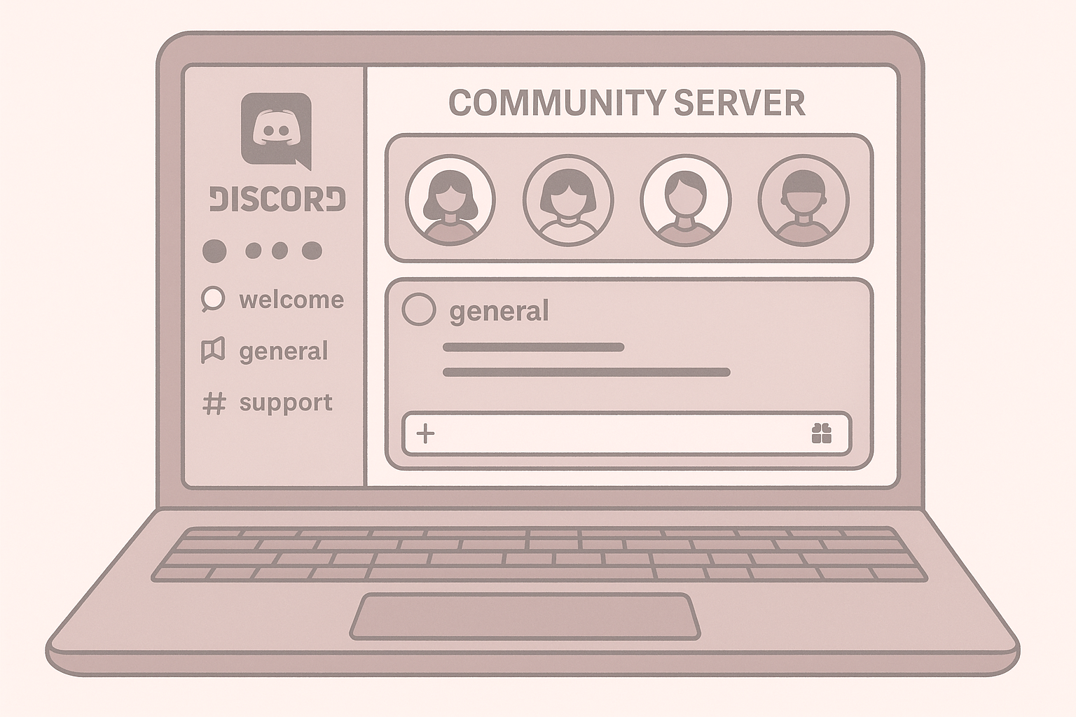 A laptop screen displays a Discord server interface titled 'Community Server', with four user icons at the top, a list of server channels on the left including welcome, general, and support, and a chat window showing a message in the general channel.