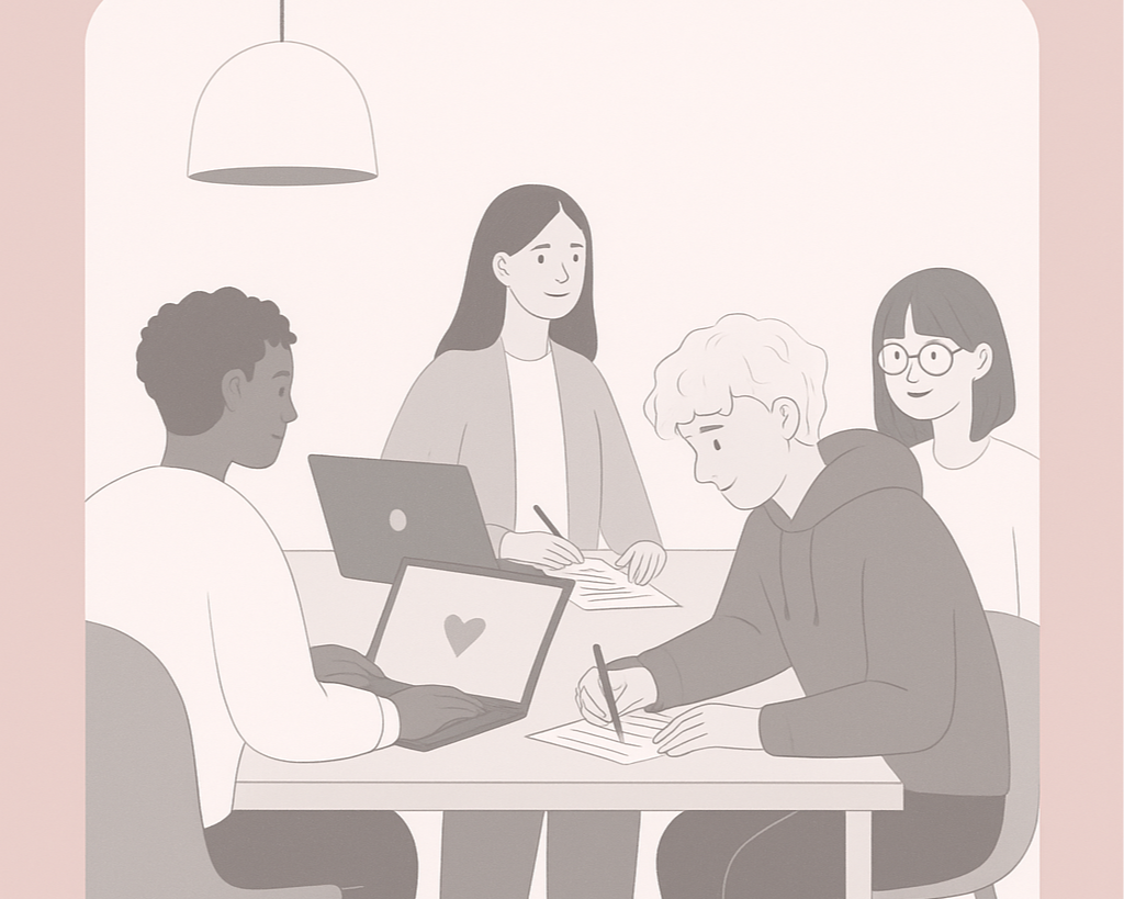 A grayscale illustration of four people sitting around a table in a meeting. One person is working on a laptop with a heart symbol on the screen, another is writing notes, a third is looking at the others, and the fourth is listening with glasses. There is a hanging light above them in a room with pinkish walls.