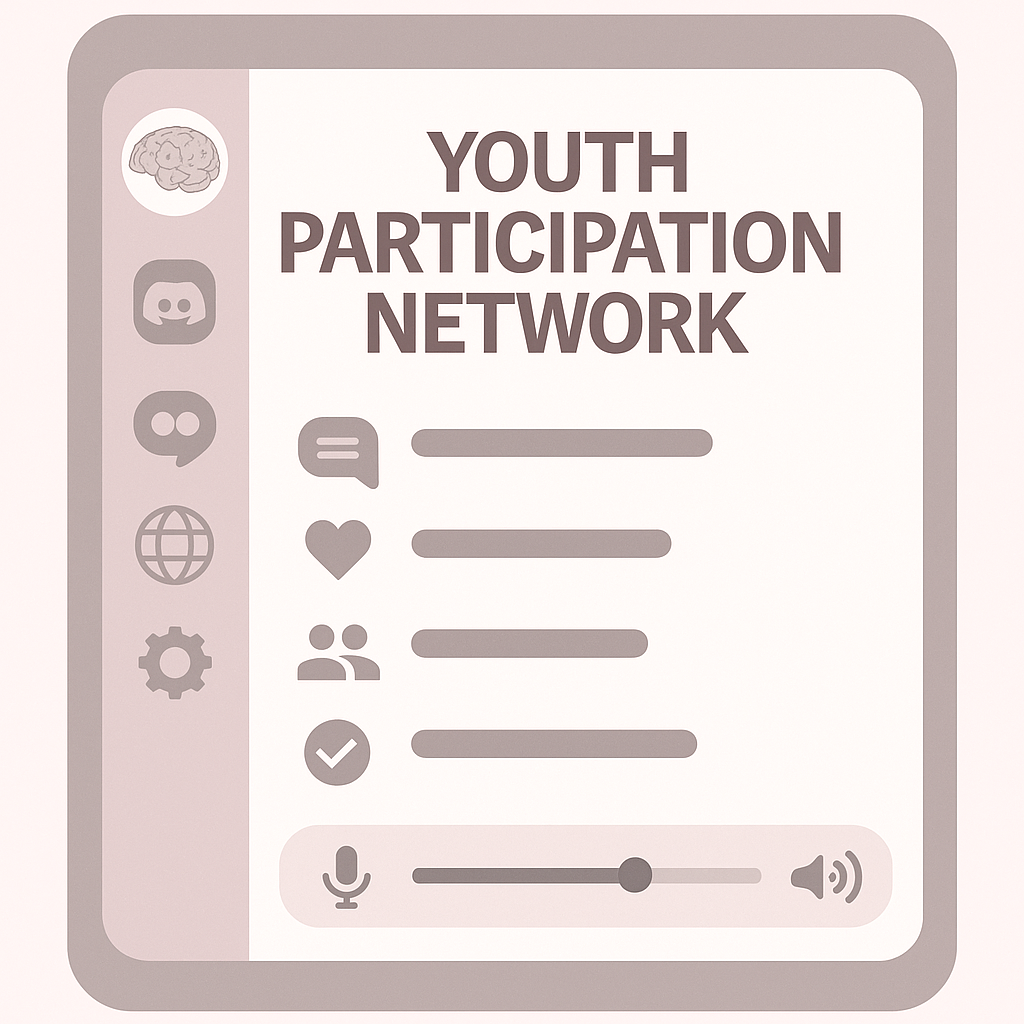 Illustration of a social media app screen titled Youth Participation Network with icons on the side for brain, Discord, messaging, globe, and gear, and options for comments, likes, followers, and a checkmark; includes a microphone and volume control at the bottom.