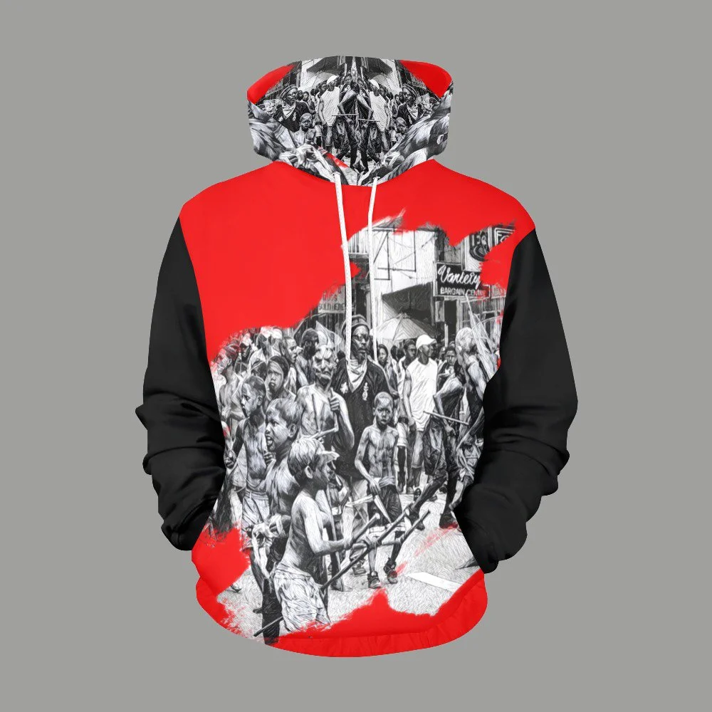 Hoodie featuring a black and white graphic of a crowded street scene with a bold red and black color scheme.