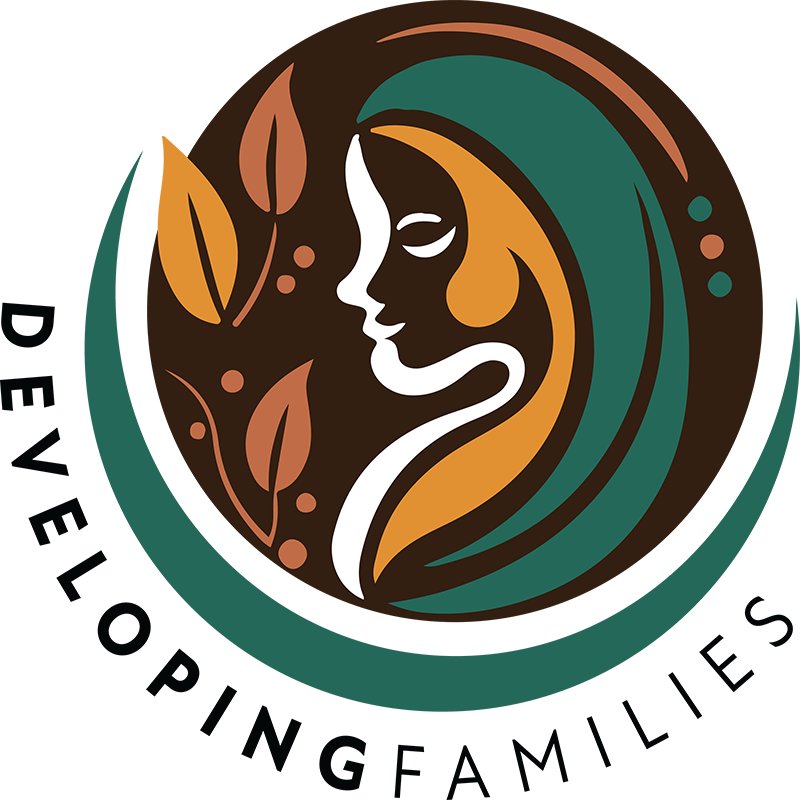 Logo featuring a stylized profile of a woman with leaves, green and brown colors, and the text "Developing Families."