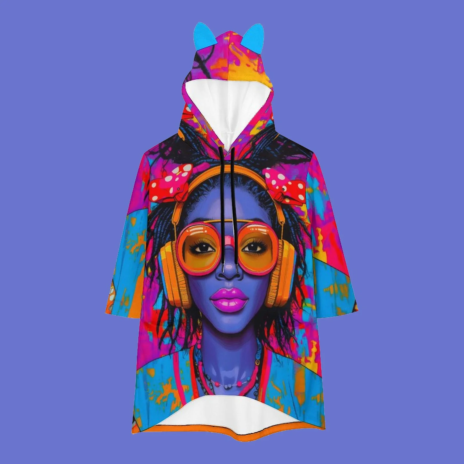 Colorful hoodie with artistic face design featuring large sunglasses and headphones, set against a vibrant background with blue and orange hues.