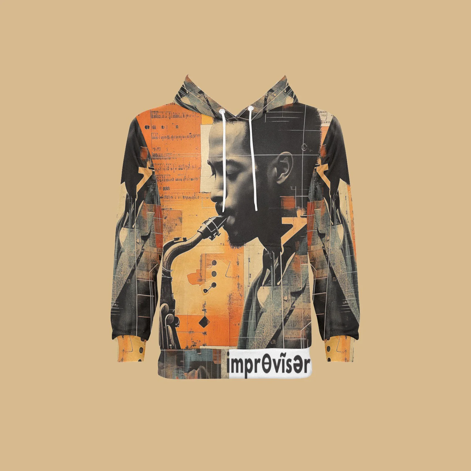 Hoodie featuring artistic saxophone player design with musical notes and the word 'improviser' on the bottom hem, set against a beige background.