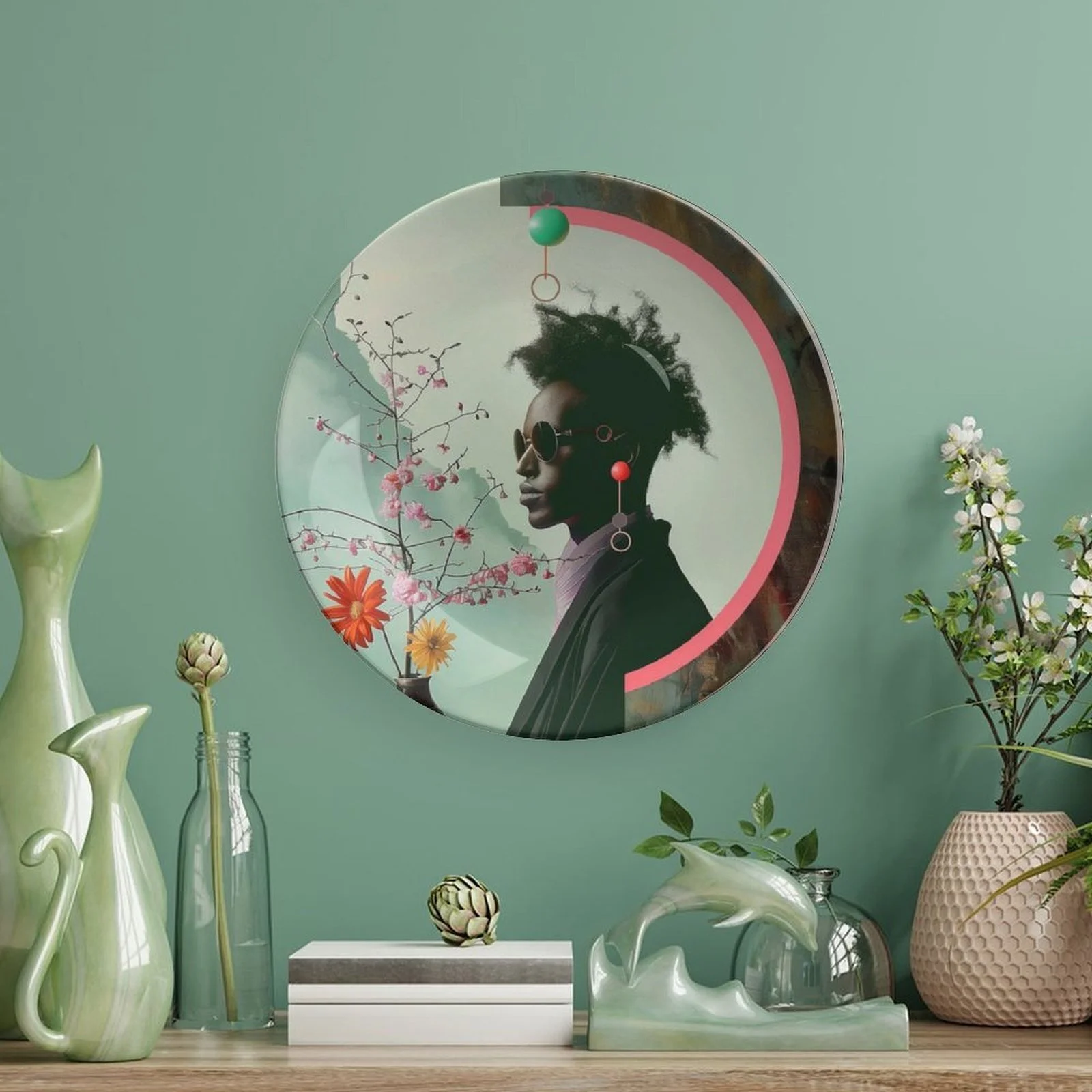 Decorative wall art with a silhouette of a person wearing sunglasses, surrounded by floral elements, on a green wall. The area is accessorized with vases, books, and plants.