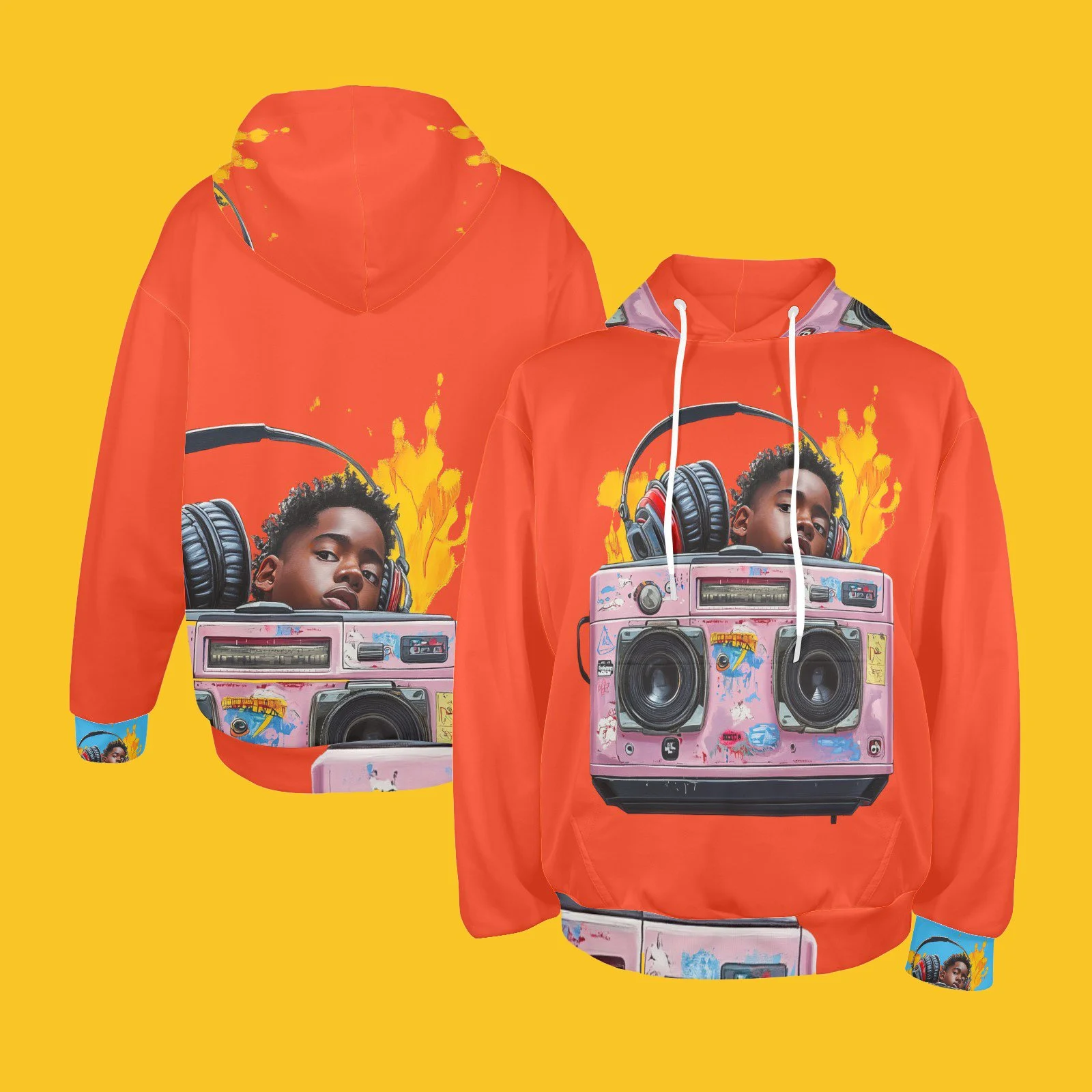 Colorful orange hoodie featuring a child's face with headphones and a boombox graphic against a yellow background.