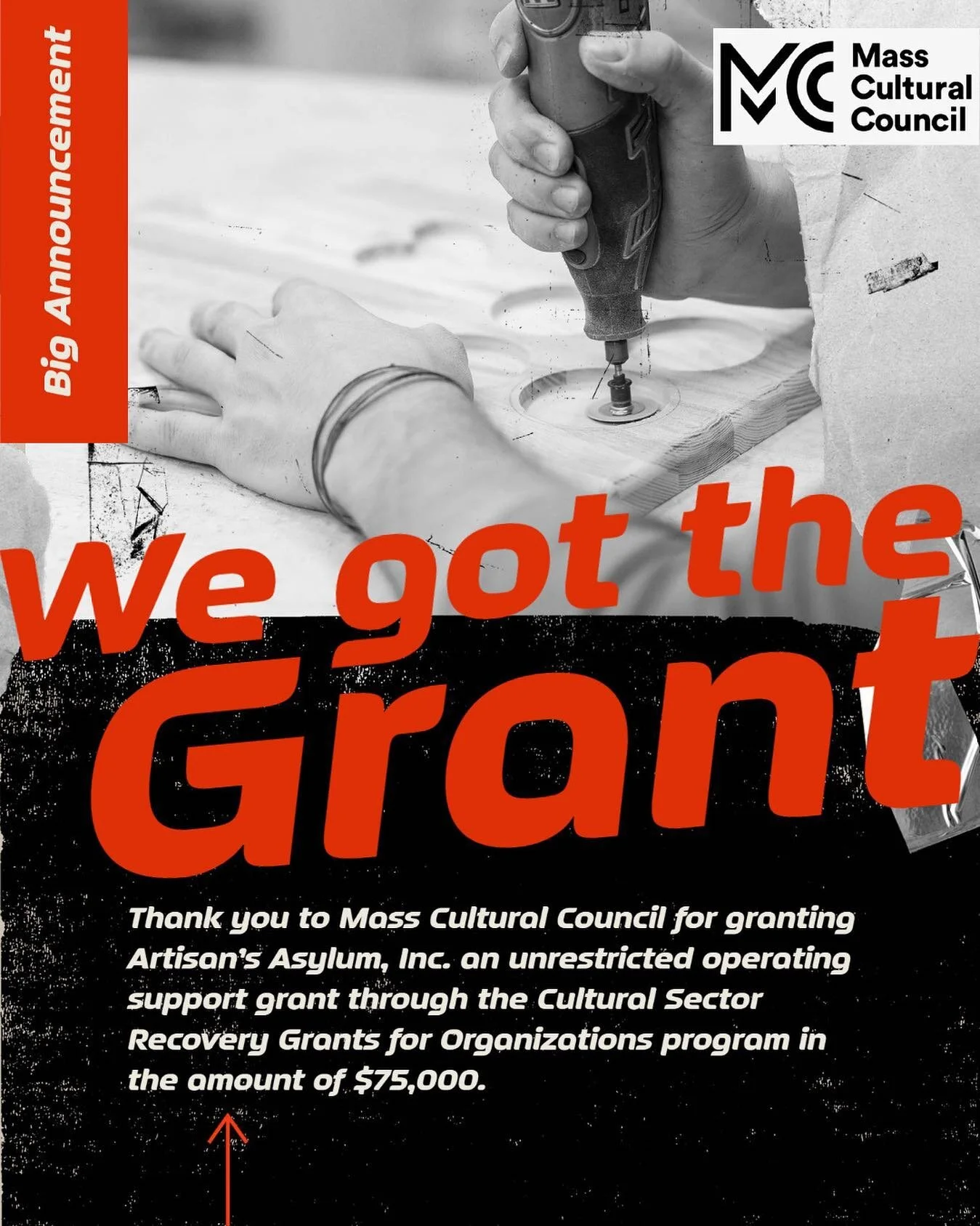 Artisans, we have phenomenal news! 🎊

Artisan's Asylum, Inc. just got a $75,000 grant from the Mass Cultural Council!

This money will be put towards making sure Artisan&rsquo;s can continue to be the makers space of your dreams.

It&rsquo;s time to