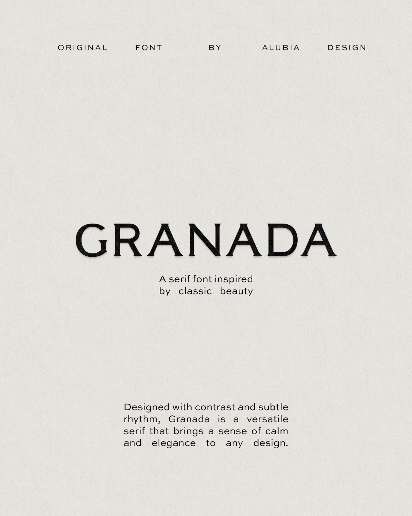 Introducing Granada; a custom serif font that combines heritage, editorial sophistication, and luxury. Designed with contrast and subtle rhythm, it&rsquo;s a versatile serif that brings a sense of calm and elegance to any design.

Granada was such an