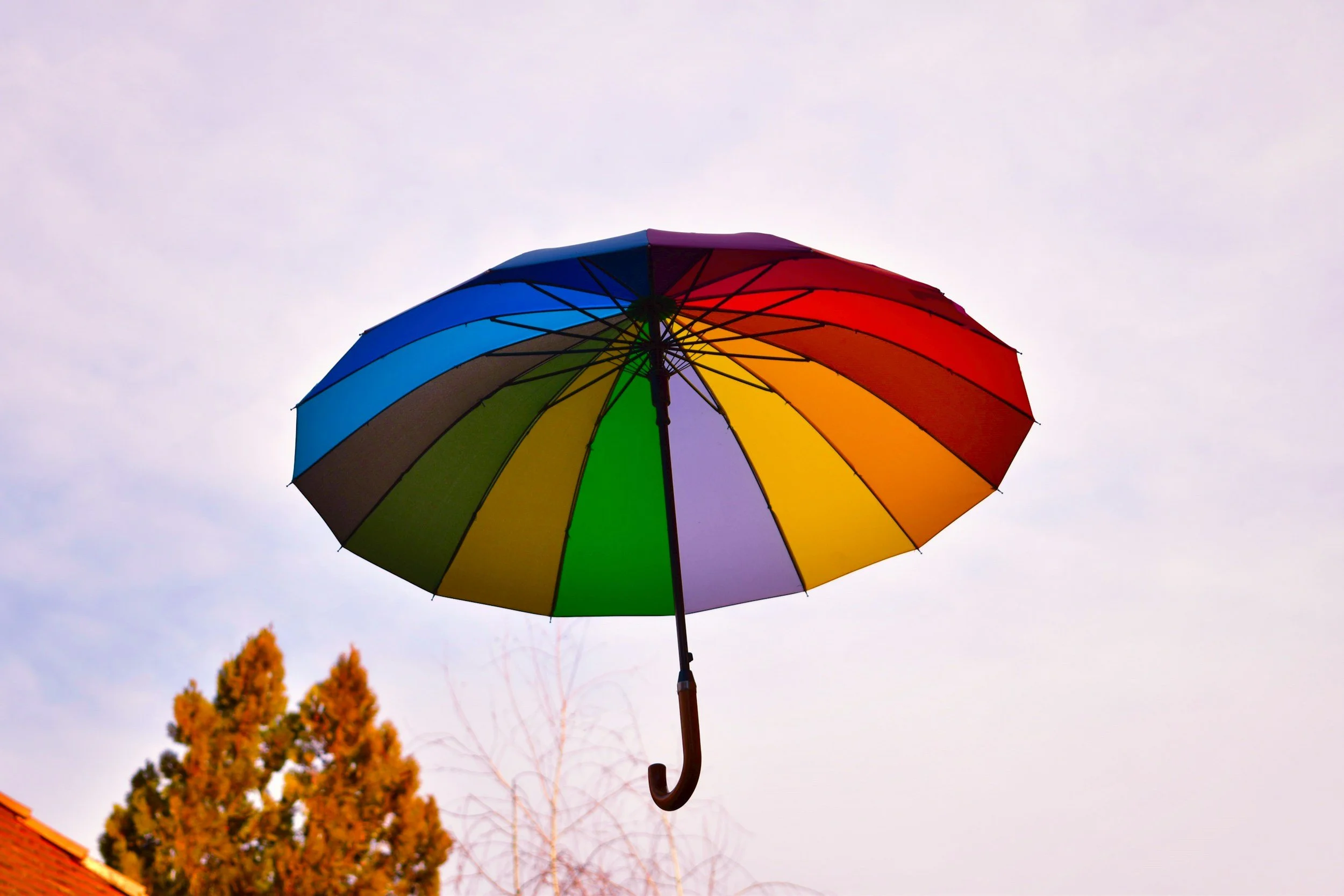 a rainbow umbrella against the sky